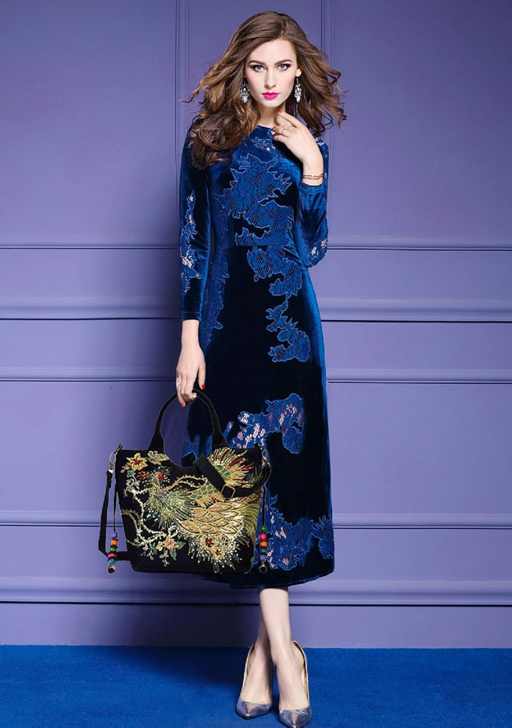 Women Vintage Sequins Peacock Handbag - Ethnic Embroidery with Pendants - Image 2