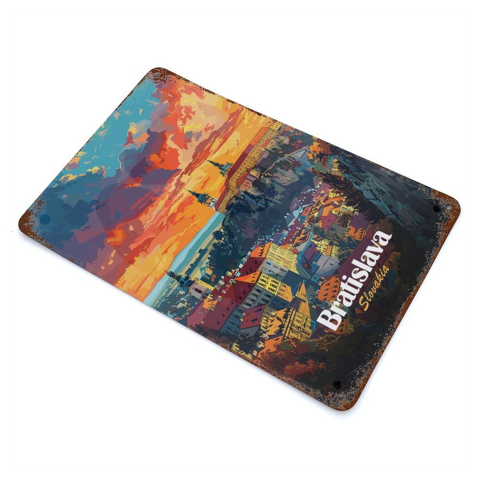 Bratislava Cityscape Sunset 11.8"x7.9" Weathered Tin Sign, Decorative Metal Wall Art for Cafe, Home Bar And Lounge Decor