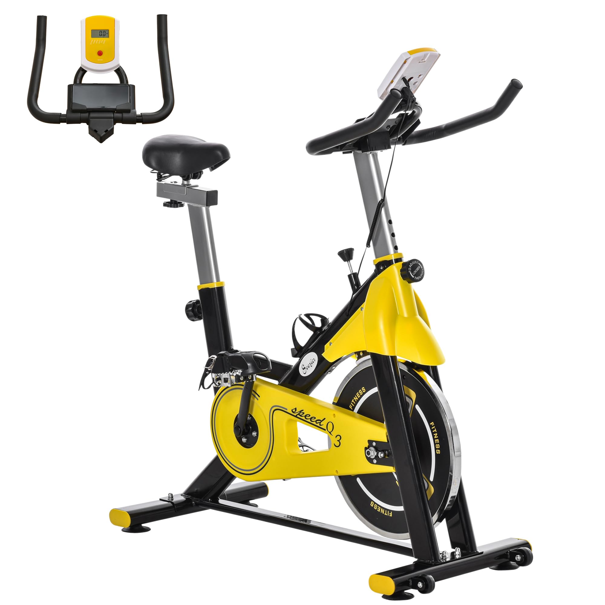 HOMCOM Bicicleta Estática con Resistencia Regulable Amarillo y Negro | Bicicleta de Fitness, Bici Estática, Pantalla LCD, Manillar, Ruedas, Asiento Ajustable, Soporte de Tableta para Gimnasio Casa