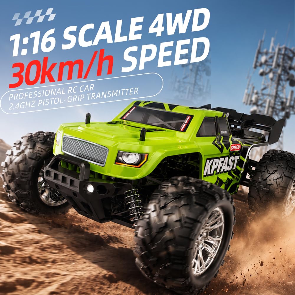 X-Verse KF13 1:16 Coche teledirigido, Coche RC Impermeable, 30 KM/H 4WD RC Alta Velocidad Offroad con Motor de Escobilla de Carbón para Adultos, 3 Baterías (Verde)