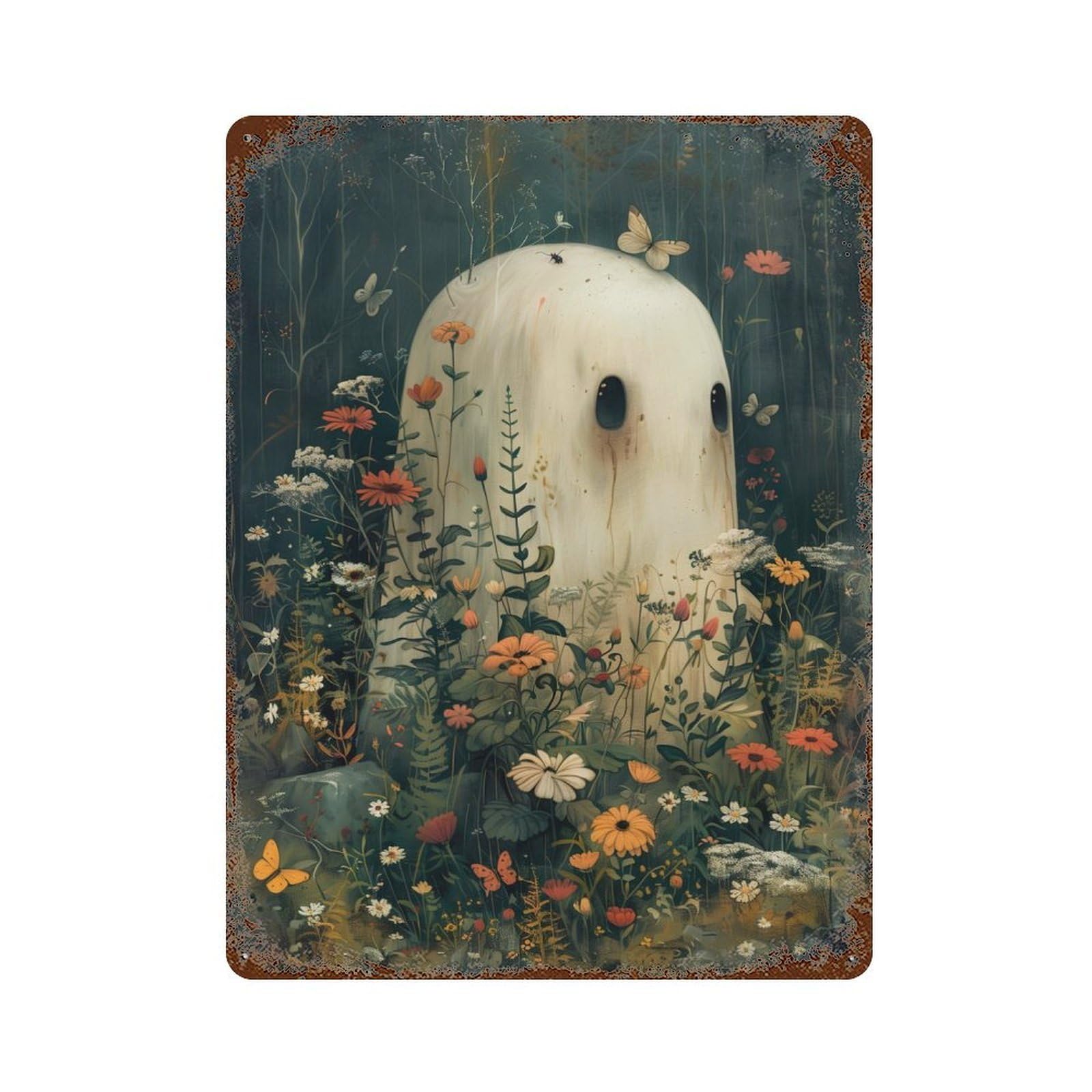 Garage Style Floral Bohoo Ghost Rustic Tin Plaque 15.7"x11.8", Classic Wall Plaque for Bar And Workshop