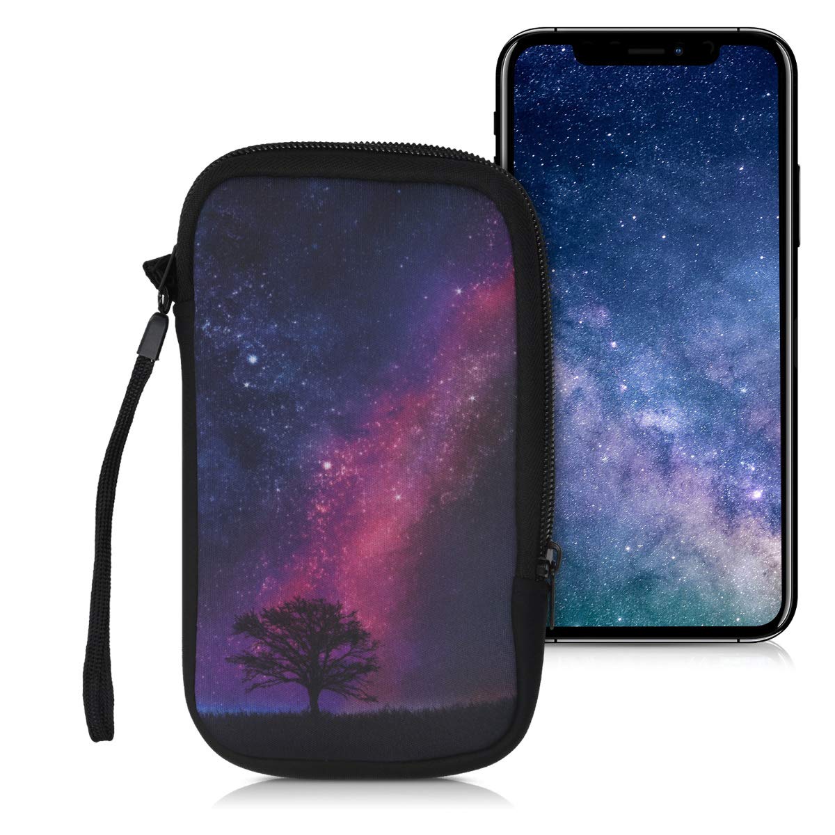 kwmobile Neoprene Sleeve for Smartphone Size L - 6.5" - Shock Absorbing Pouch Case - Protective Phone Bag - Cosmic Nature Dark Pink/Dark Blue/Black