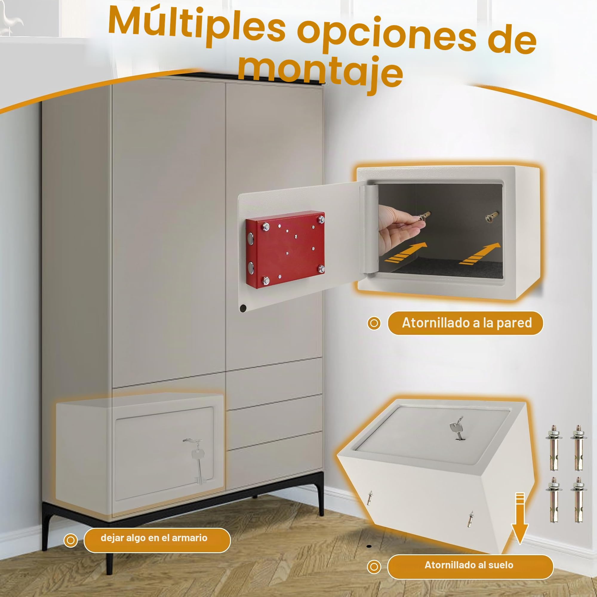 LZQ Tresor - Caja fuerte con cerradura de doble panneton, caja fuerte con cerradura de llave, caja fuerte para pared, armario de moneda, suelo con 2 llaves, 31 x 20 x 20 cm, plata