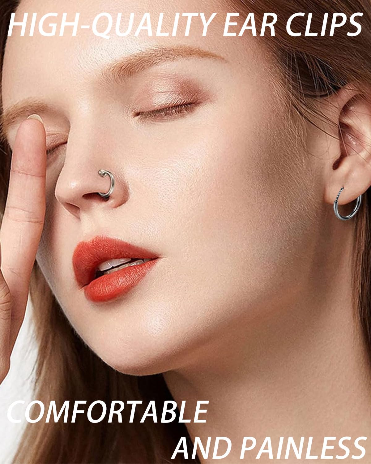Set di 4 paia orecchini finti senza buco in acciaio inossidabile, Orecchini clip, cerchio, anello ear cuff, per creare un look moderno e senza piercing, Con borsa portaoggetti, Argento/Nero
