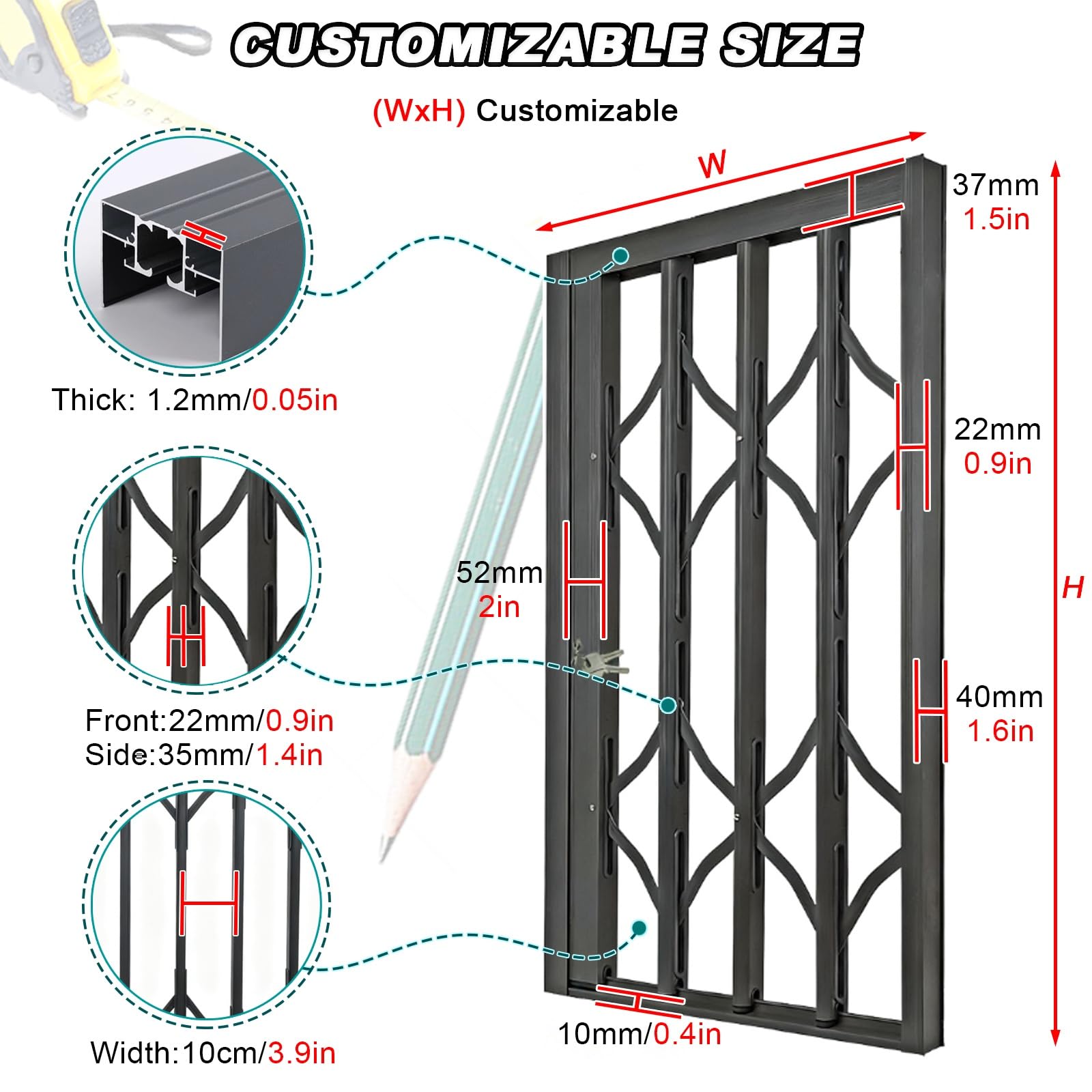 Barre di sicurezza regolabili per la sicurezza dei bambini, 32-67 pollici, protezione per finestra scorrevole orizzontale, forte protezione interna antifurto, 100 x 150 cm