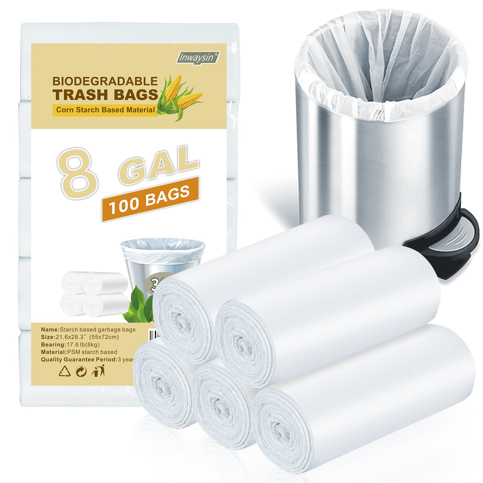 Bolsas de basura medianas compostables de 8 galones, 100 unidades, color blanco transparente, sin perfume, biodegradables, gruesas, resistentes, compactadoras, para baño, baño Inwaysin