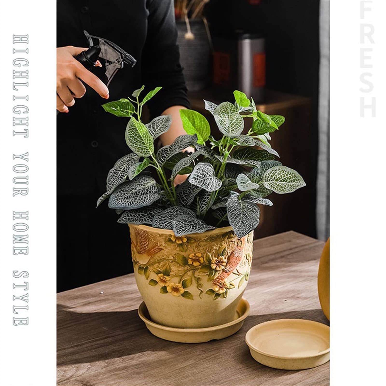 Doniczka kwiatowa Ceramiczna doniczka z tacą kreatywna ulga ręcznie malowana doniczka w stylu retro duża doniczka z otworem spustowym taca Doniczki na Rośliny (Size : L)
