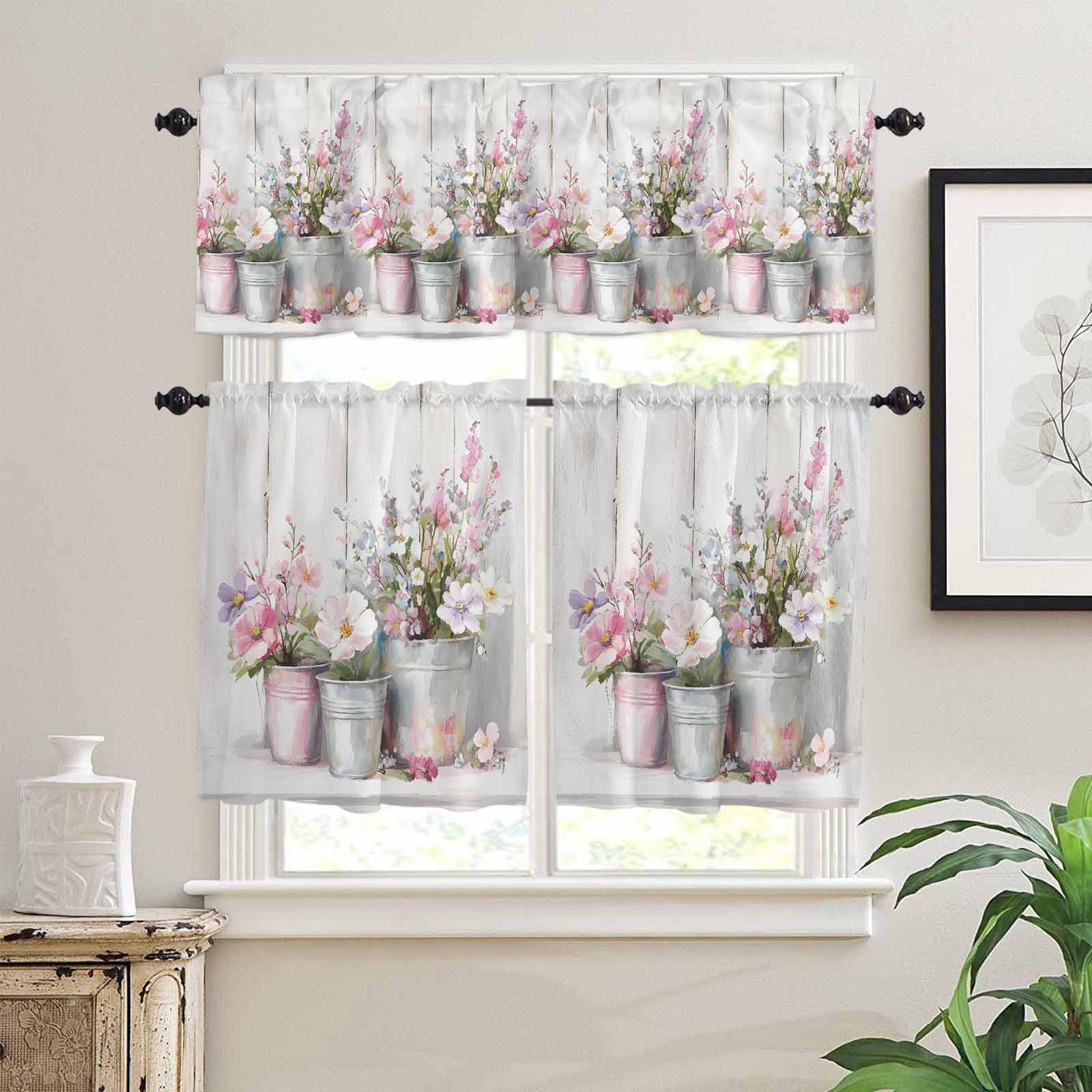 Spring Flowers Kitchen Curtains 36 Inch Length,3 Piece Rod Pocket Small Half Tiers and Valance Set,Purple Pink Floral Vintage Wooden Plank Small Large Window Treatment Decor for Bedroom/Bathroom Sink