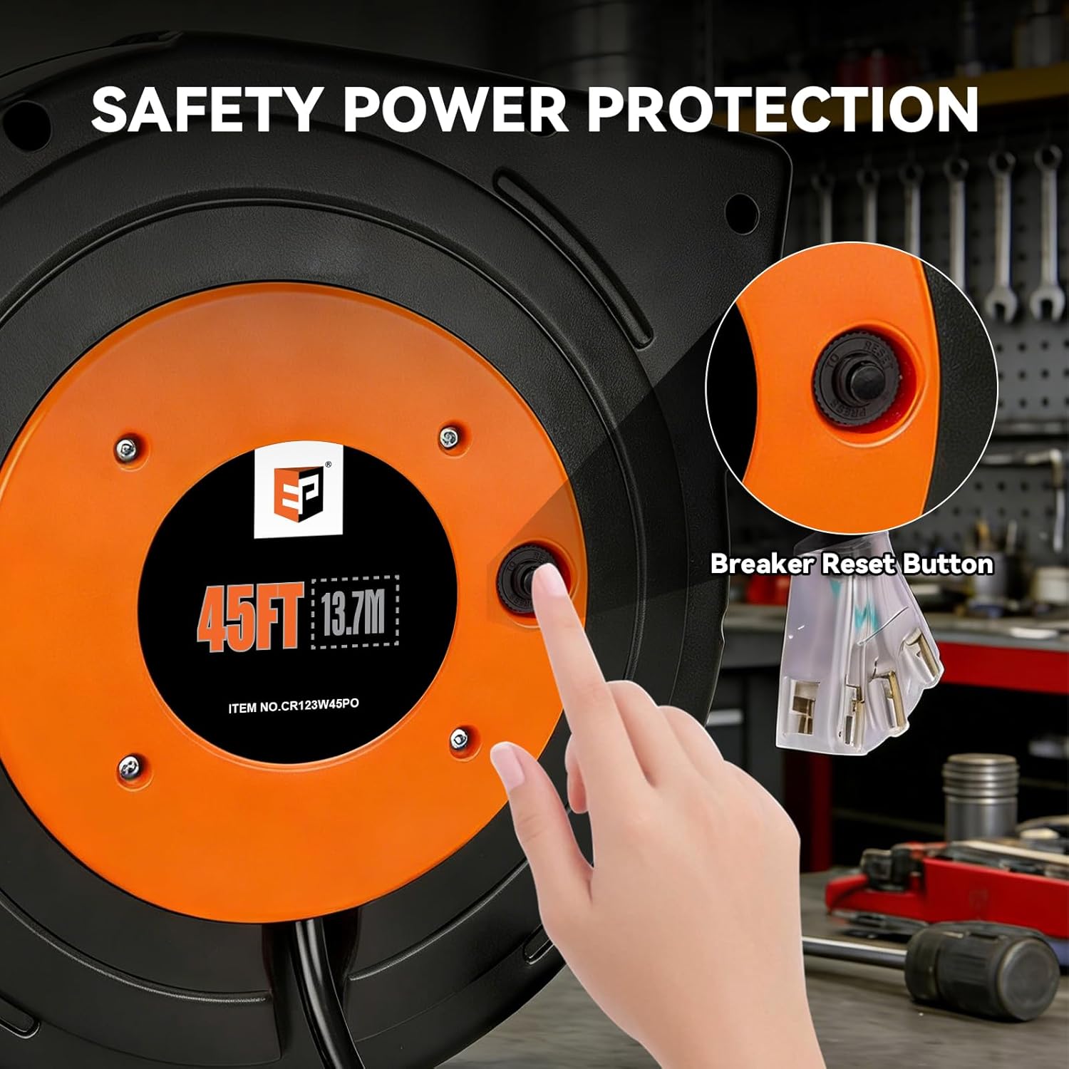 EP Retractable Extension Cord Reel, 45 Ft Heavy Duty Power Cord, 12 AWG/3C SJTOW, 15 AMP Circuit Breaker, Lighted Triple Tap, Ceiling or Wall Mount, UL Listed