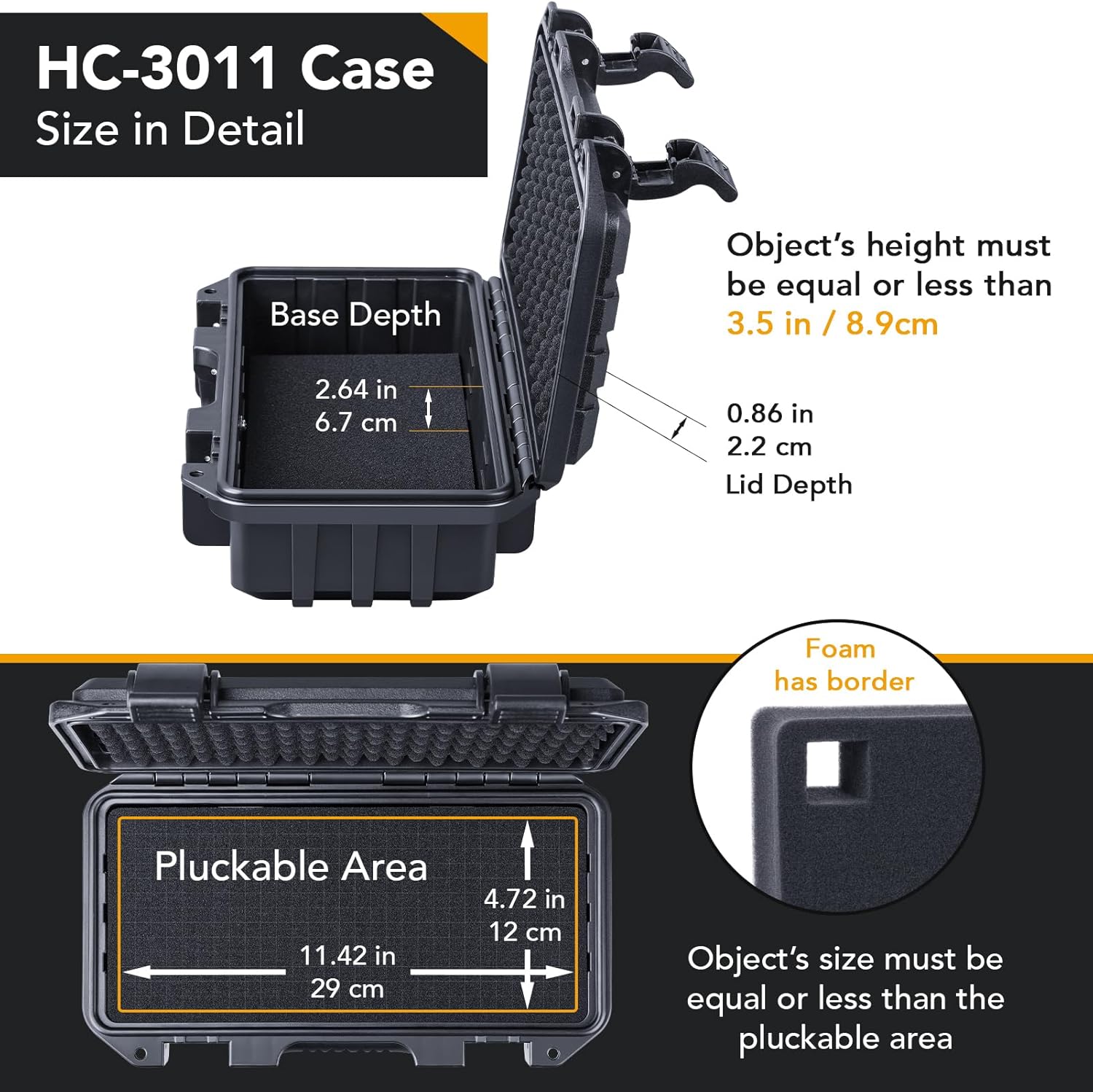 Lykus HC-3011 Waterproof Hard Case with Customizable Foam, Interior size 12.2x5.5x3.5 in, Suitable for short slim items - Image 3
