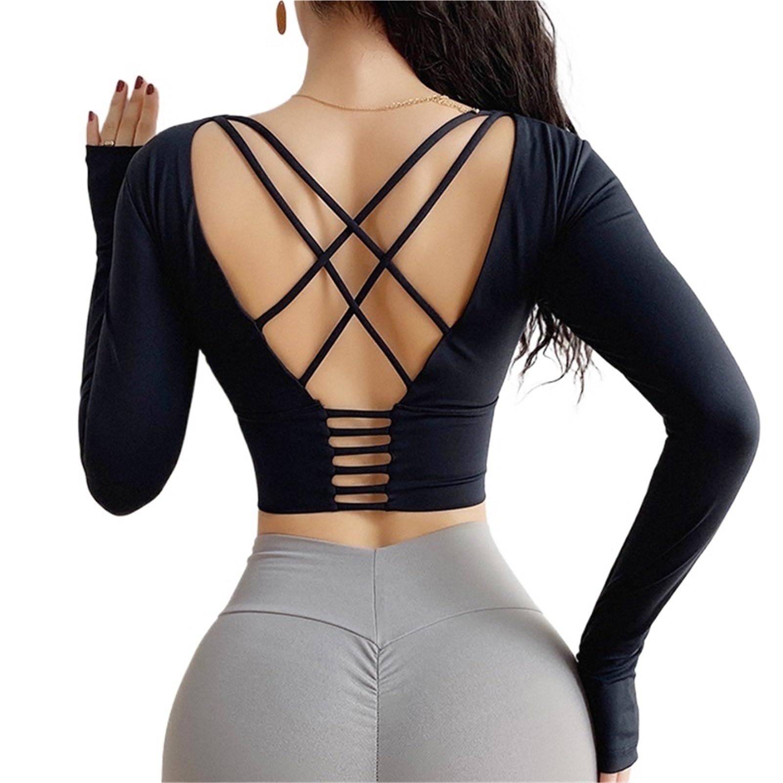 Camisas de Yoga for Mujer, Top Corto de Manga Larga con Espalda Abierta, Ropa Deportiva for Gimnasio y Fitness, Camiseta Deportiva con Espalda Cruzada