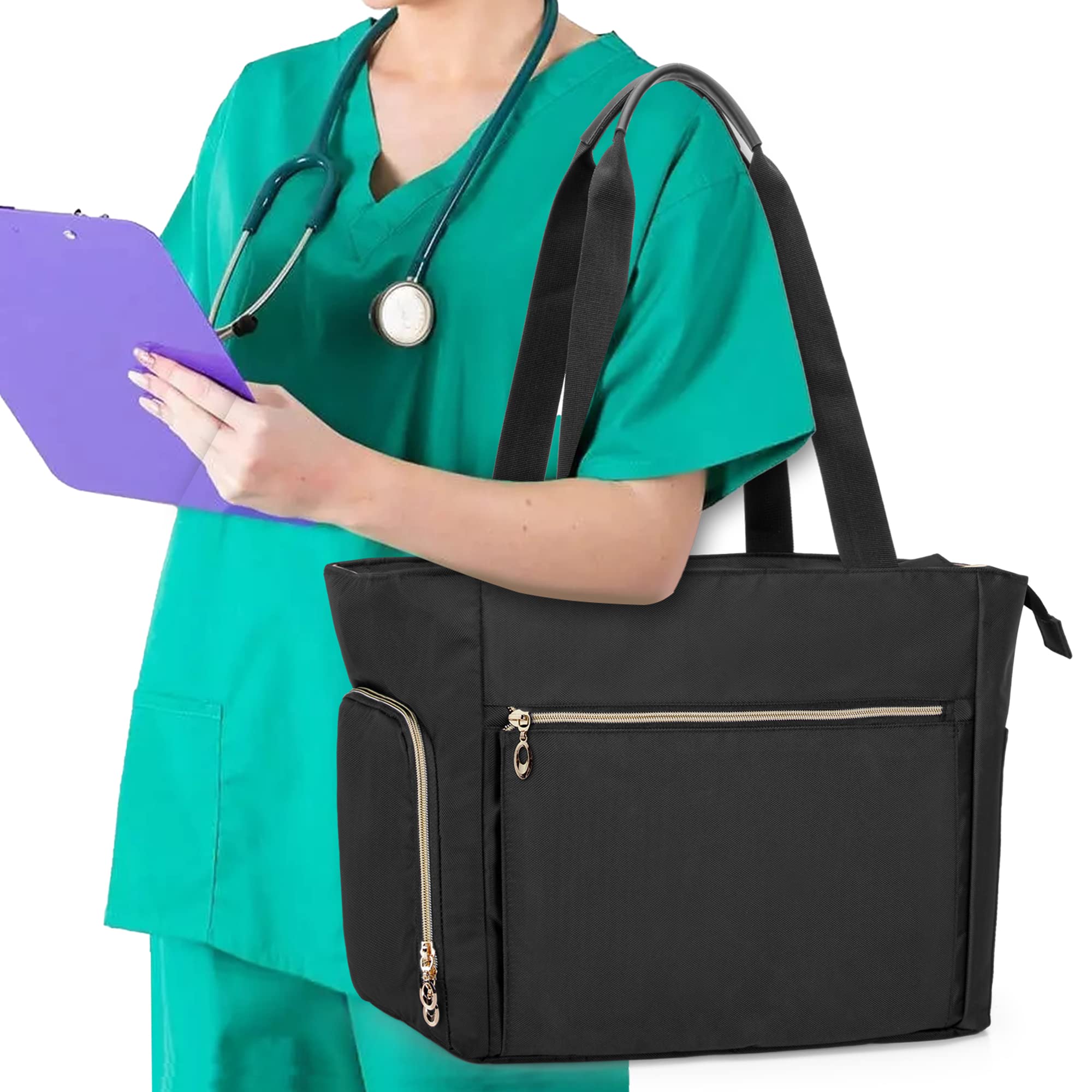 CURMIO Sac infirmière, Sac de Fournitures médicales Portable avec Pochette rembourrée pour Ordinateur Portable pour Les visites à Domicile, Les Soins de santé, Sac Seulement, Noir