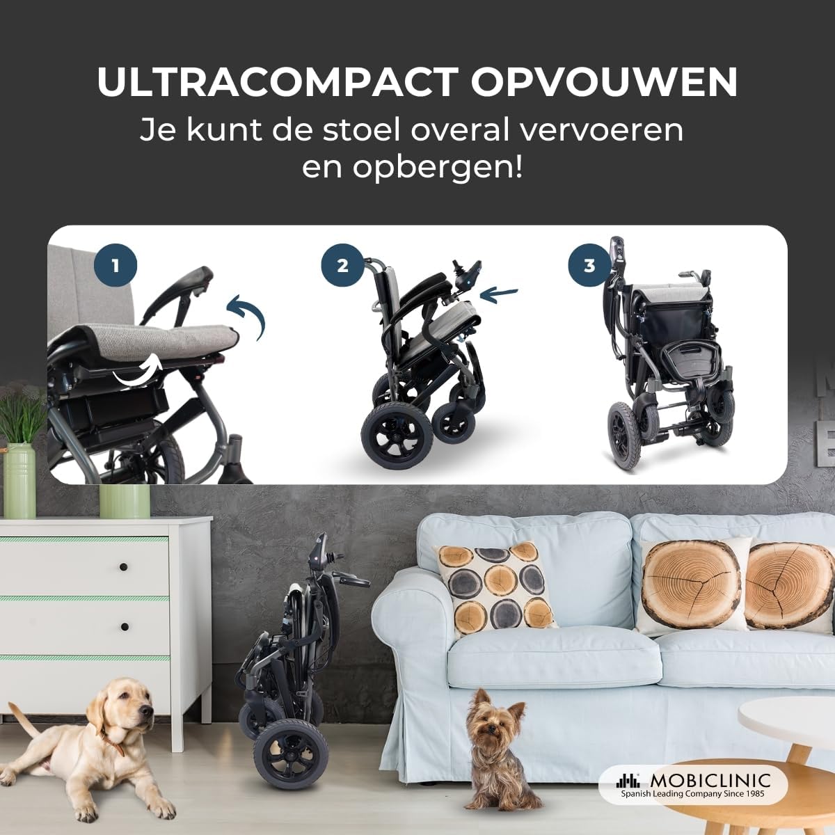 Three-step diagram showing how to fold the electric wheelchair