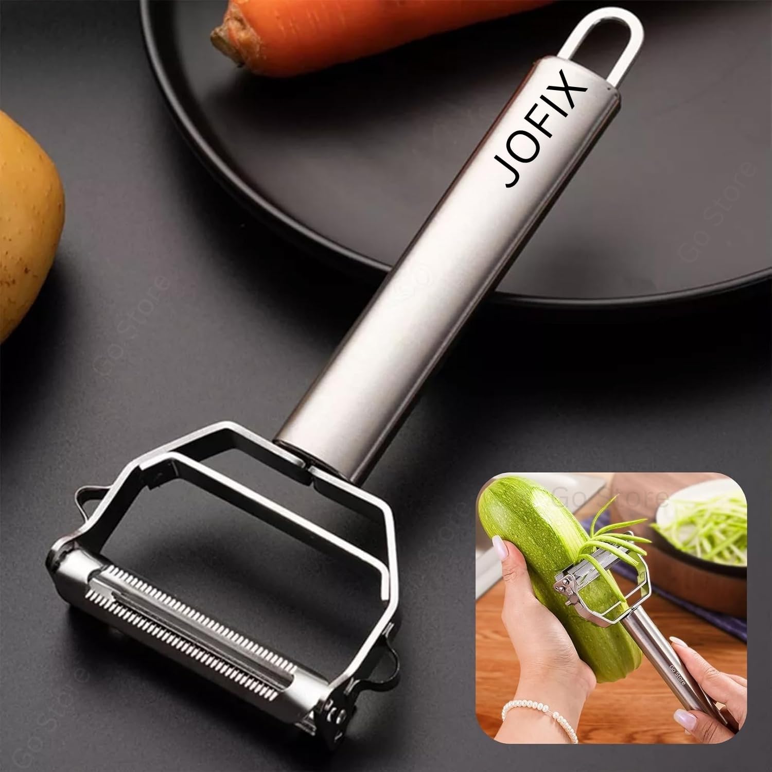 JOFIX 2 in 1 Julienne Vegetable Peeler, Stainless Steel Fruit & Vegetable Peeler with Dual Blade, Kitchen Shredder Slicer & Grater for Potato, Carrot, Cucumber, Apple, Salad & Garnishing Tool (Silver)
