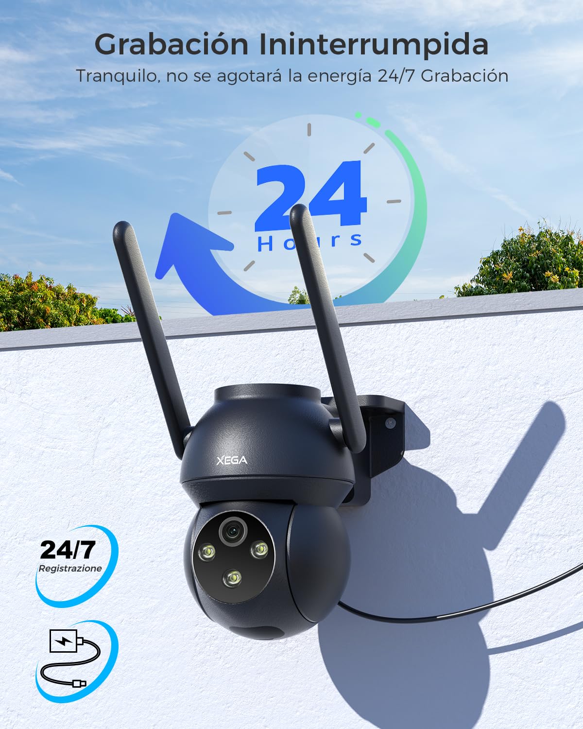Xega 4G LTE Camara Vigilancia Exterior con Tarjeta SIM, 24/7 Grabación, PTZ Seguimiento Automático, Detección Humana, Foco y Sirena Visión Nocturna en Color 2K HD Almacenamiento TF/Cloud IP66