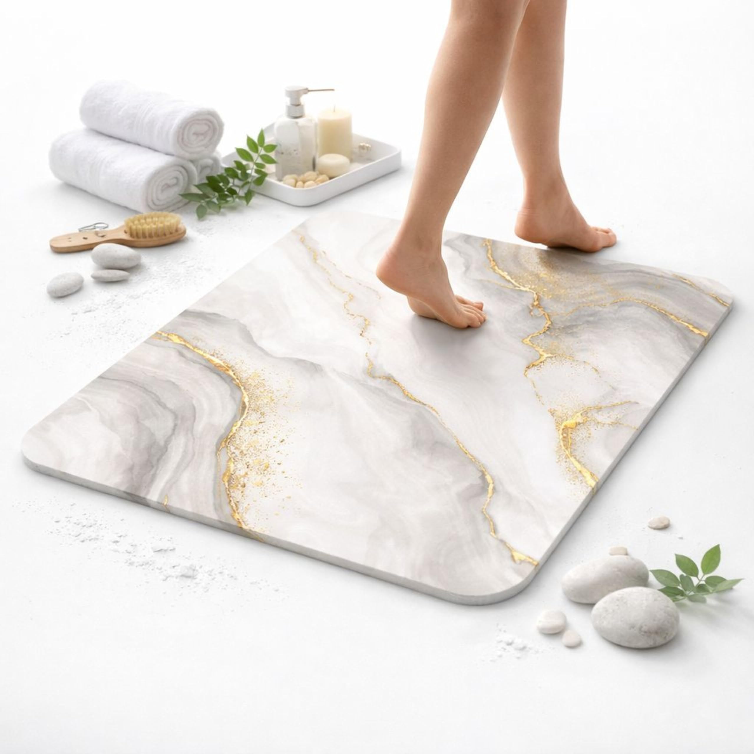 Tappeto diatomite bagno (60 x 40 cm) - Pietra assorbente ad asciugatura istantanea, antibatterico e antiscivolo, per doccia e cucina, effetto marmo avorio