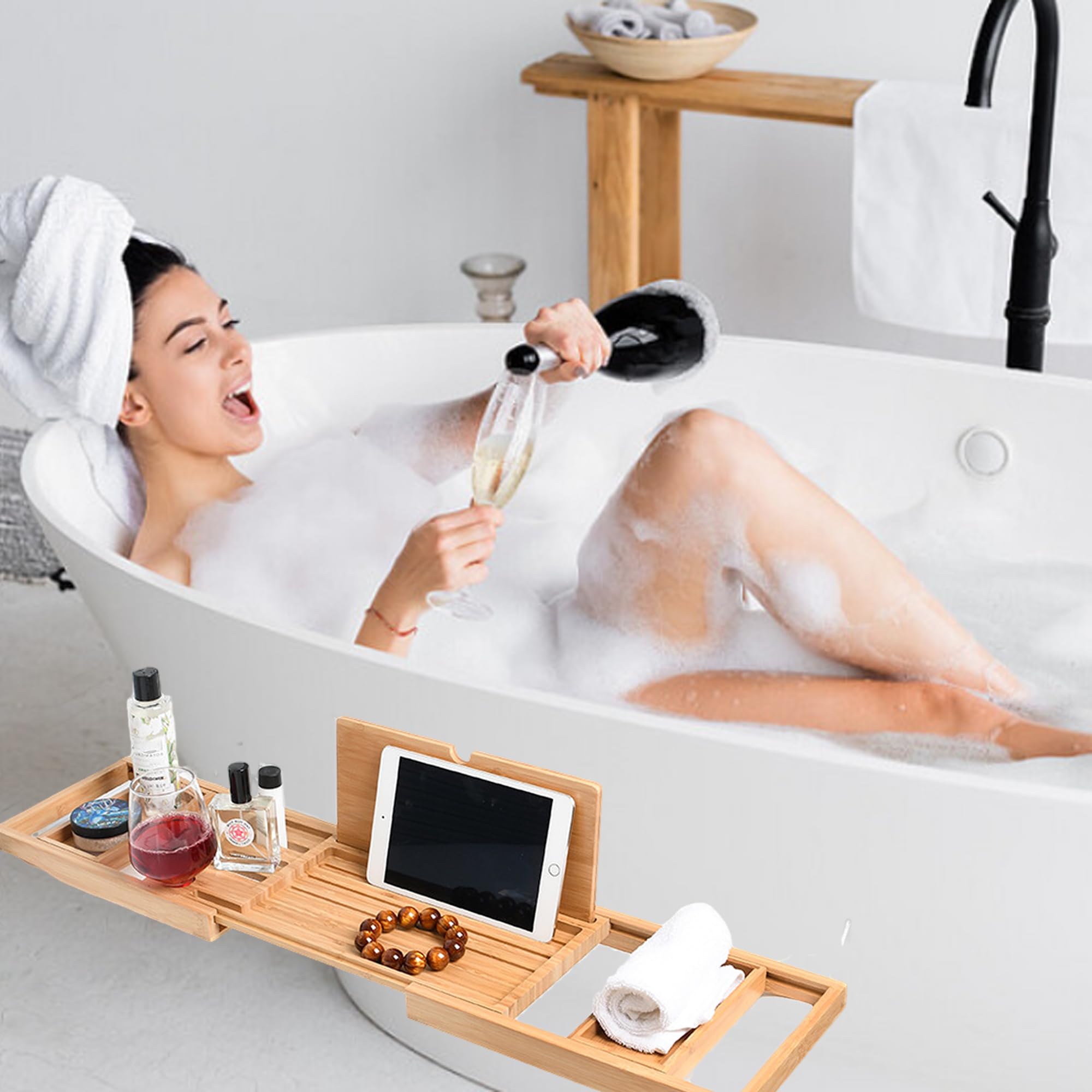 Bandejas de Baño, Bandeja para Bañera Extensible, Bandeja de Bambú para Bañera, Bandeja de Bañera de Madera con Ranura para Copas de Vino, Rejilla para Tableta y Bandeja de Bambú Extraíble