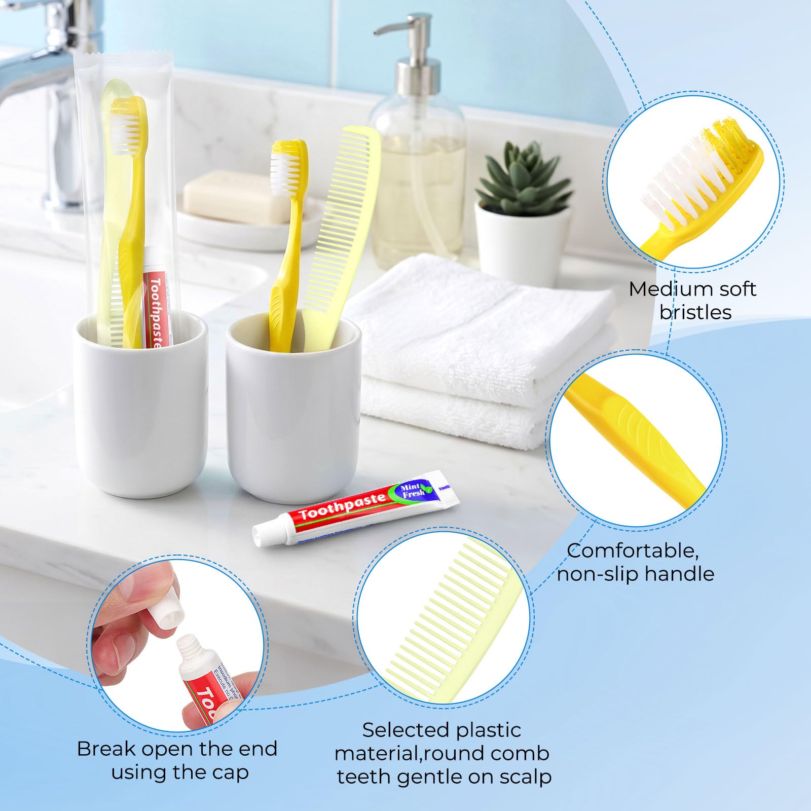 Cepillos de dientes desechables con pasta de dientes y peine, paquete de 100 unidades envueltos individualmente, color amarillo, hueco, tamaño de viaje, kit de cepillo de dientes para personas