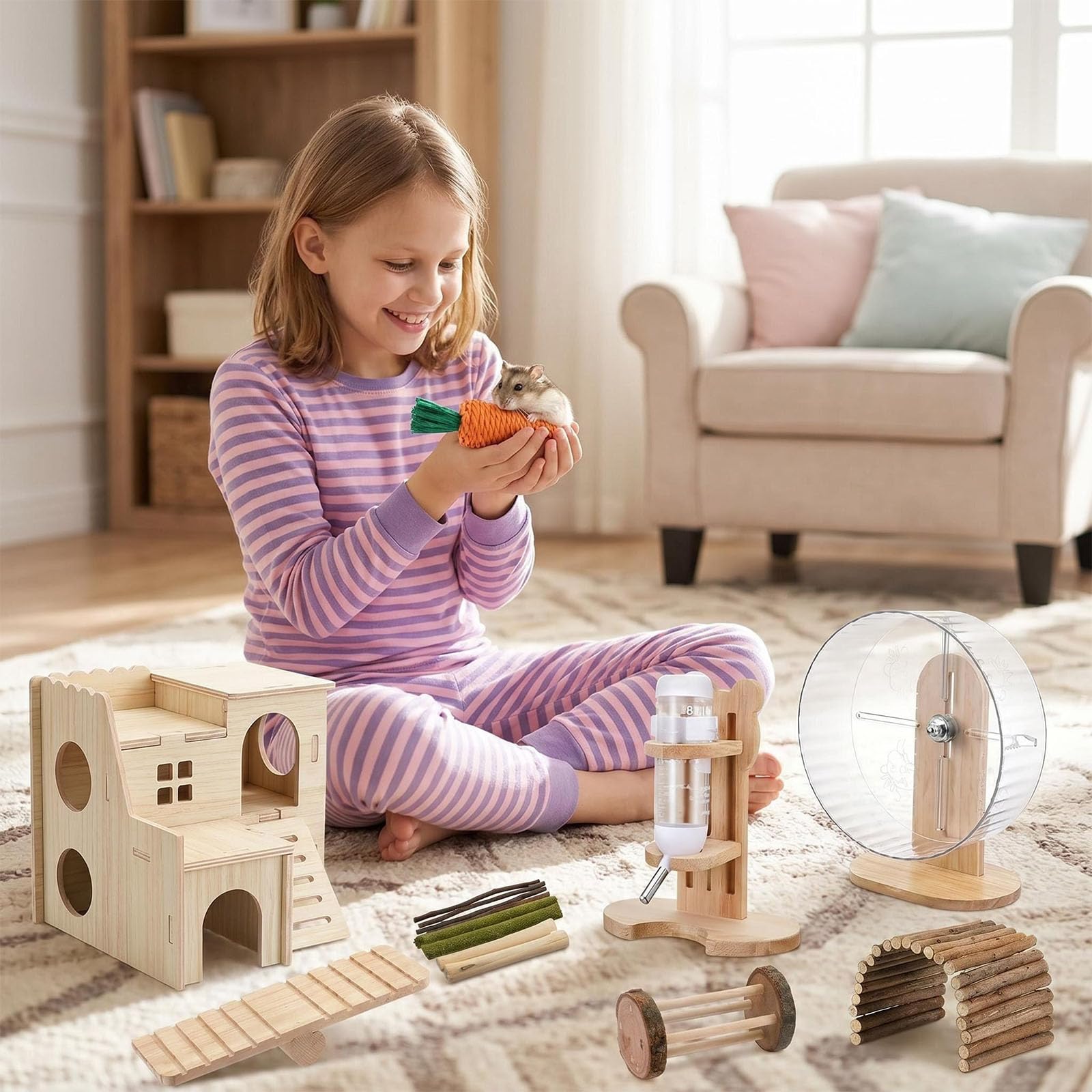 Juego de 26 accesorios para jaula de hámster, juguetes de cobayas, rueda silenciosa para hámster, juguetes para masticar ratas, casa de madera y botella de agua para cobayas, chinchillas, jerbos