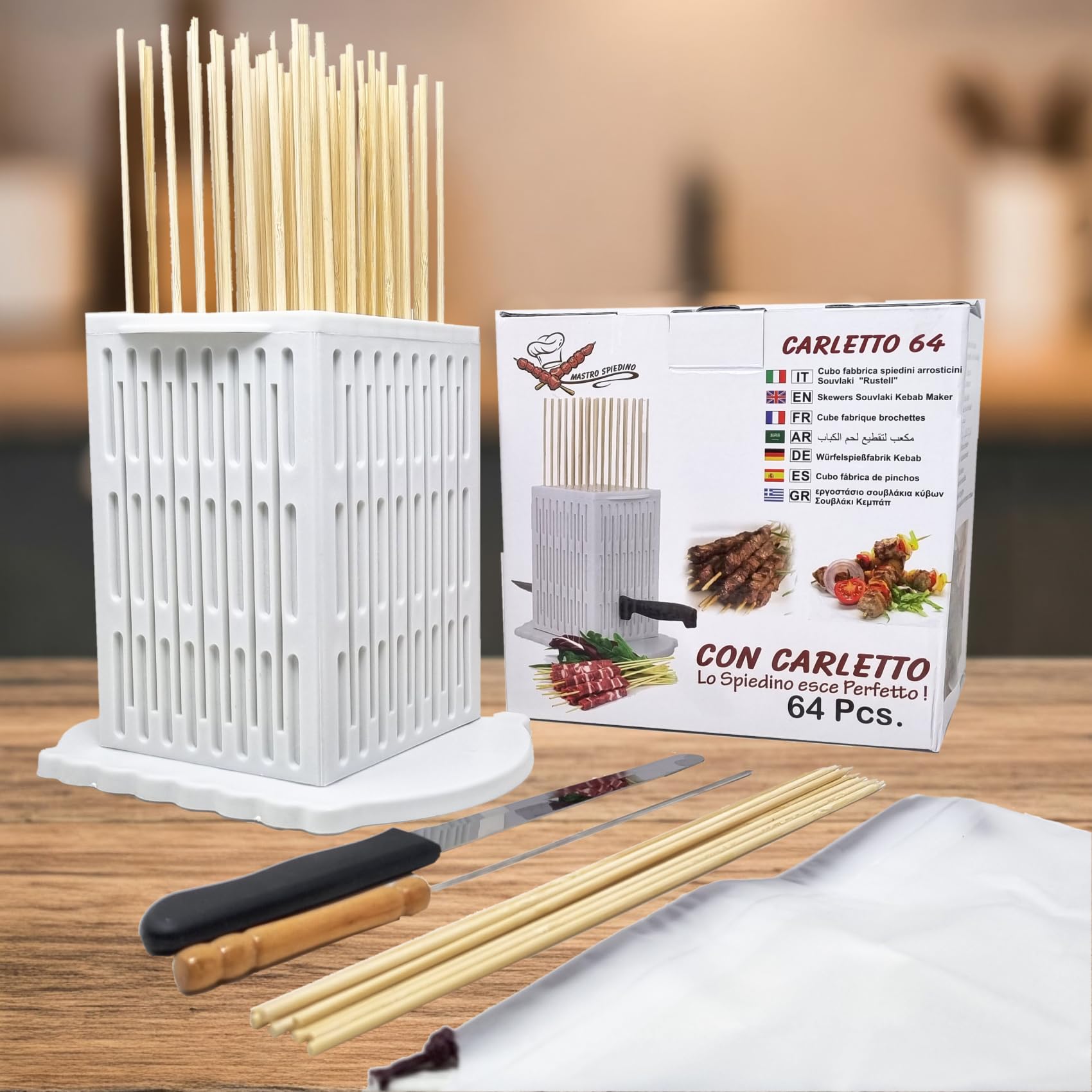 CUBO ARROSTICINI 64 Pcs. Professionale - Macchina per Arrosticini, Spiedini di Carne, Pesce, Kebab, Souvlaki - Migliore e Facile Produzione domestica + Accessori
