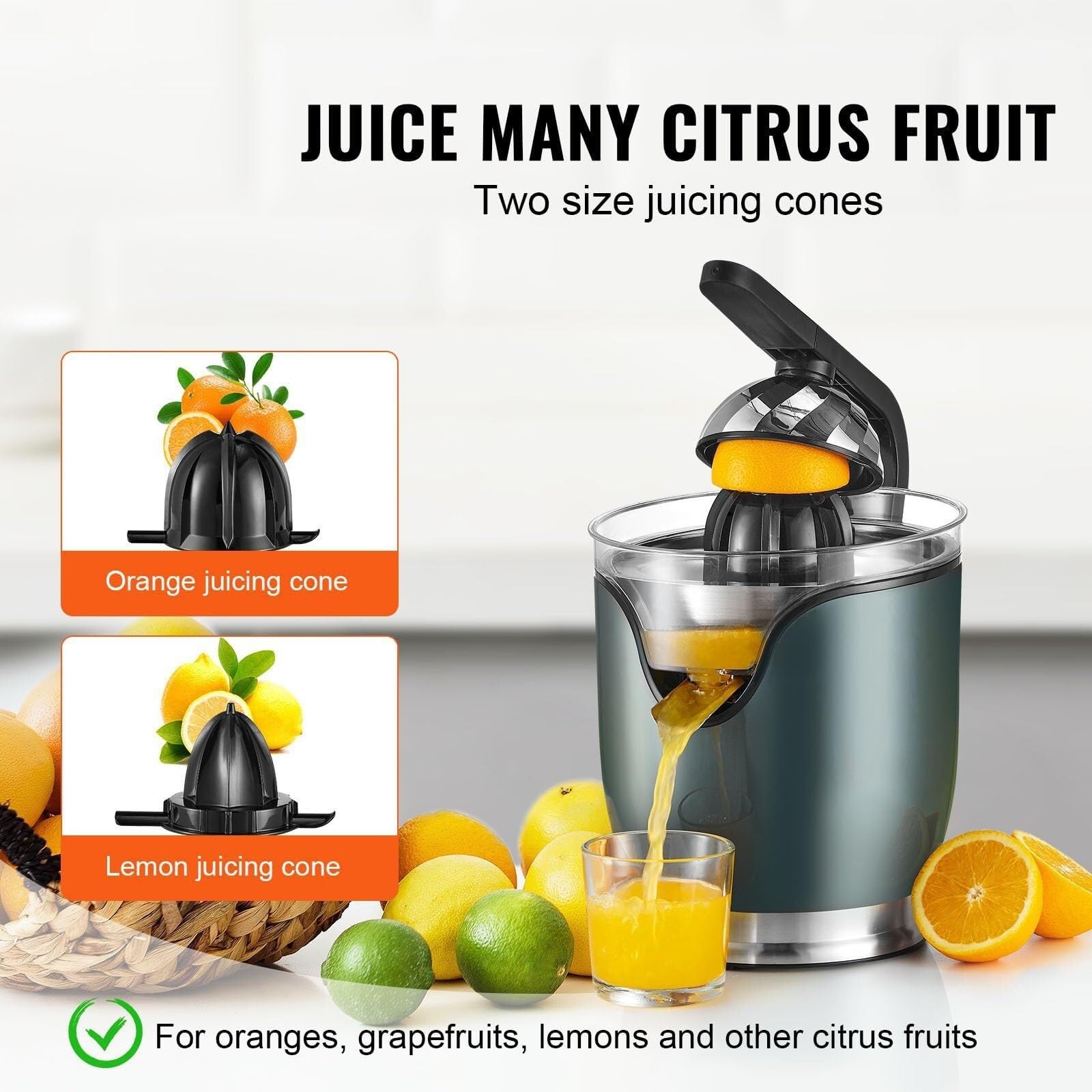 Exprimidor eléctrico de cítricos, exprimidor de zumo de naranja con conos de zumo de dos tamaños, máquina for hacer zumo de naranja de acero inoxidable de 150 W, for naranjas, pomelos, limones y otras