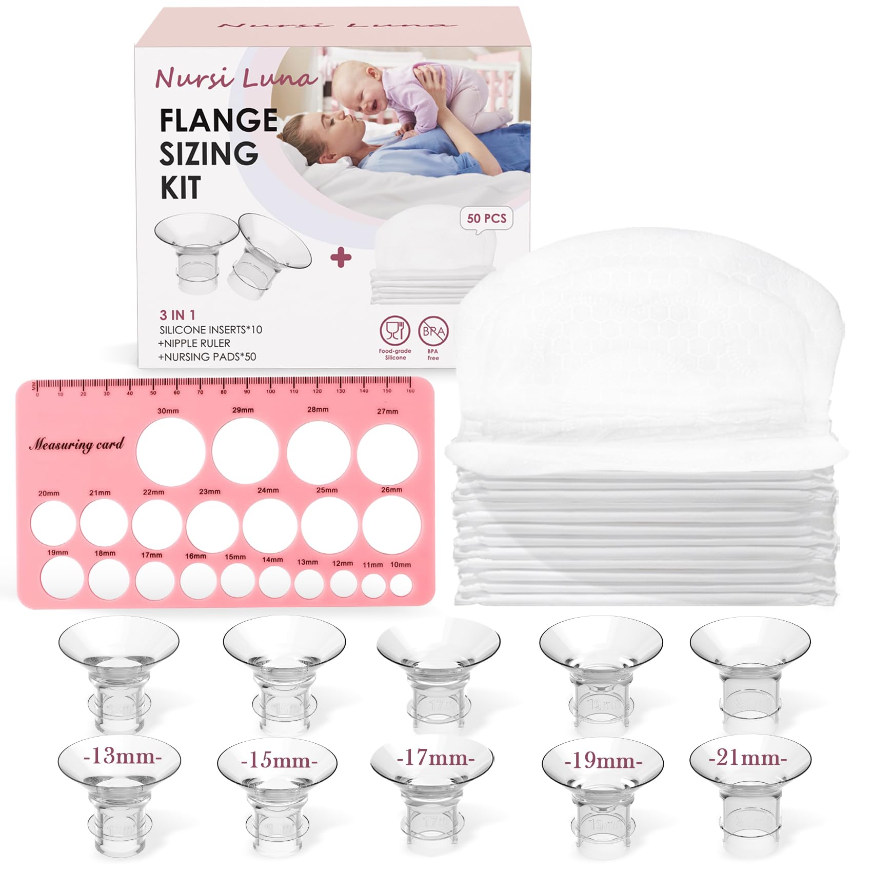 Nursi Luna Flange Sizing Kit with Flange Inserts 13/15/17/19/21mm 10PCS, Nipple Ruler, 50 Pads, Silicone Flanges Insert Kit for 24mm Flange/Shield,