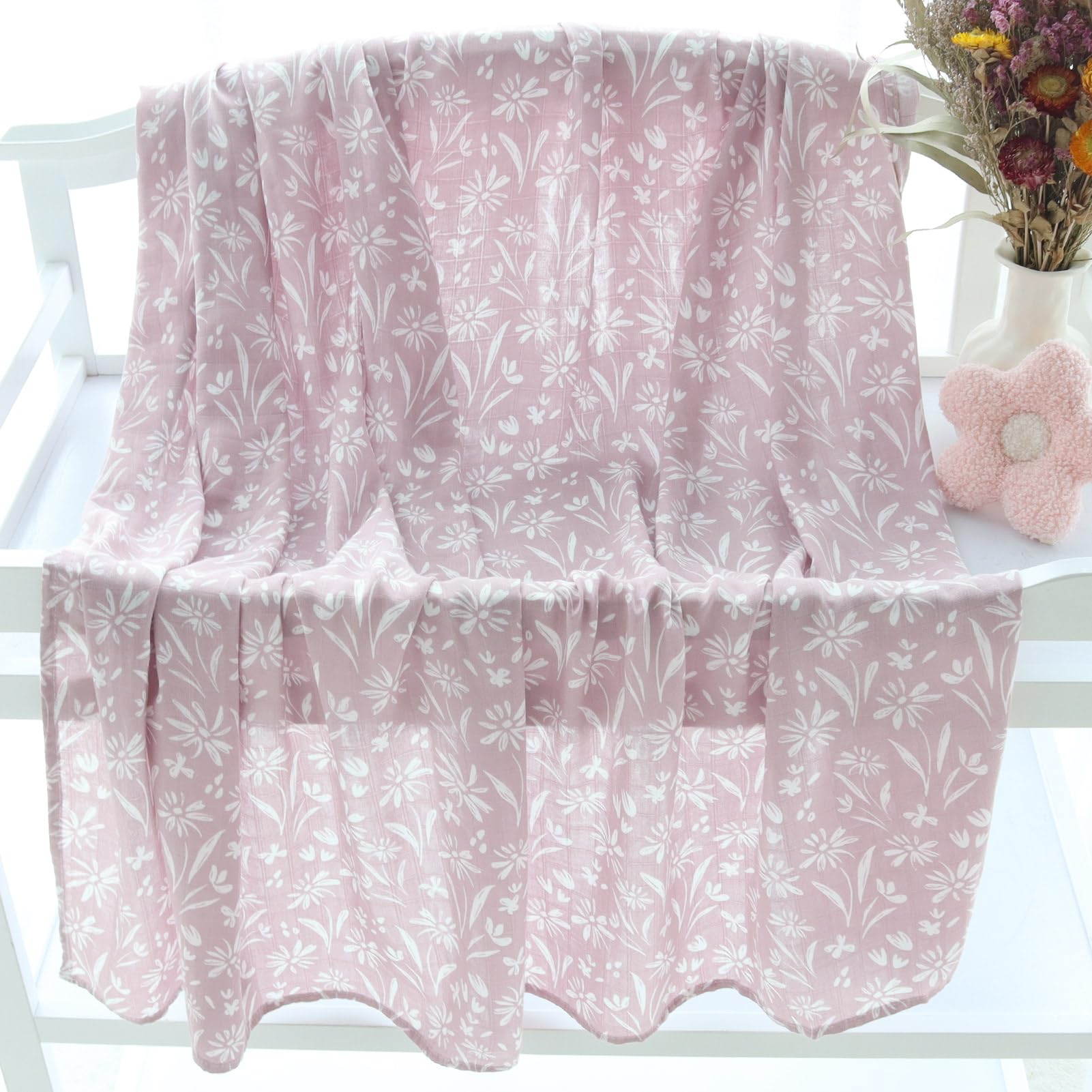 LifeTree Pacote - Coperta in mussola per neonati, 2 grandi coperte in cotone di bambù (119,4 cm x 119,4 cm), motivo floreale malva e leopardo blush