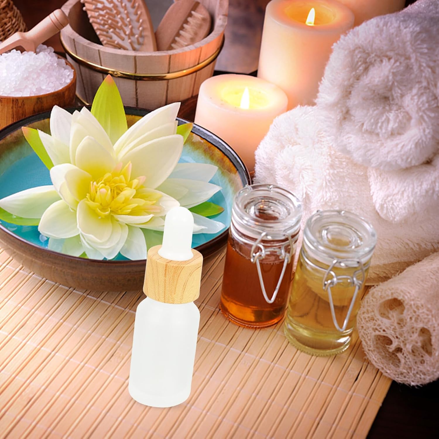 ABOOFAN 10pcs 10ml Frosted Glass Makeup Bottles with Wood Grain Ring Dropper, Essential Oil Liquid Dispenser Bottles for Cosmetic Refill and Travel Use