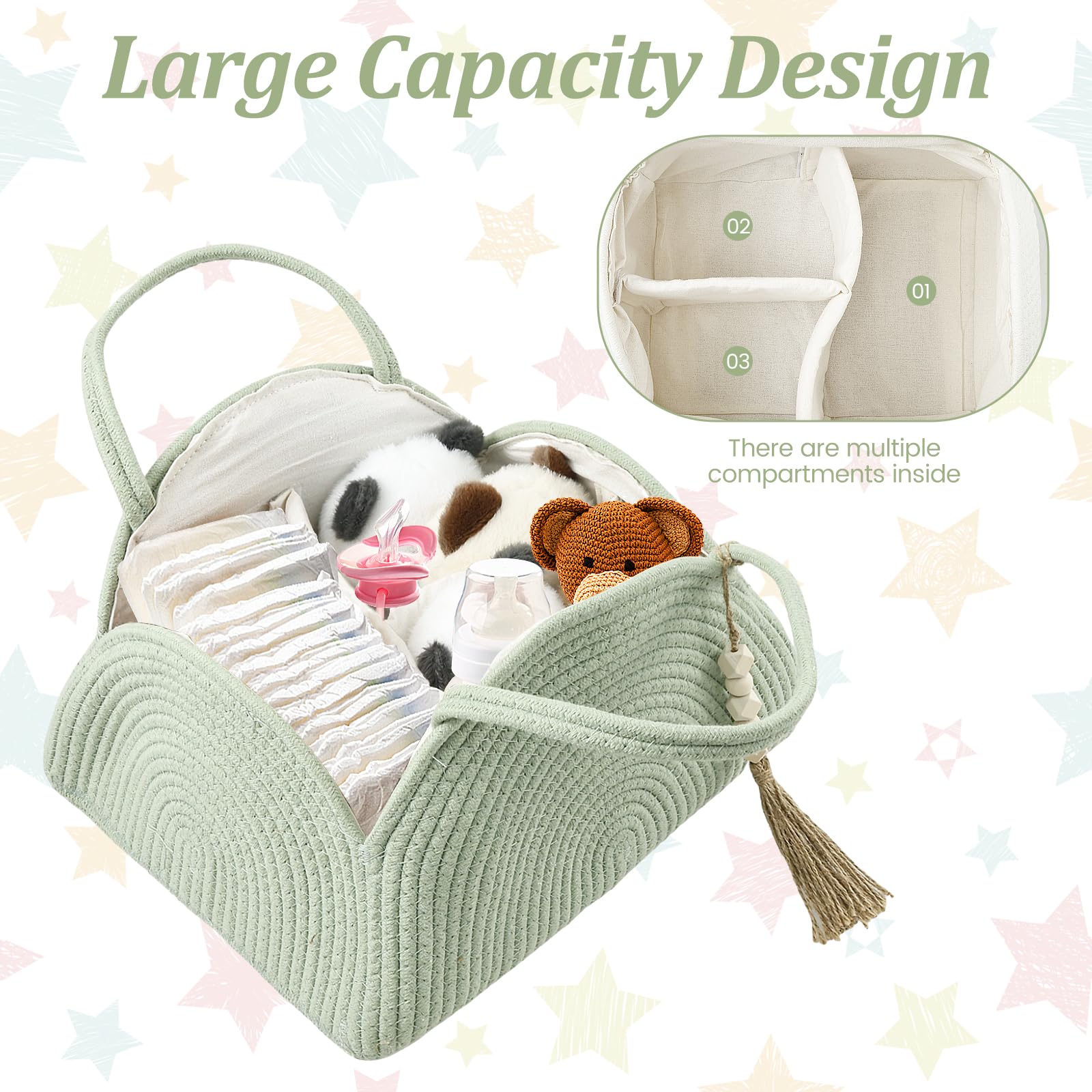 GUIJZSLTRG Baby Nappy Caddy Organiser Arc Design Cotton Rope Woven Diaper Caddy Basket Large Capacity Nursery Storage Basket with Handle Portable Car Diaper Bag - Image 3