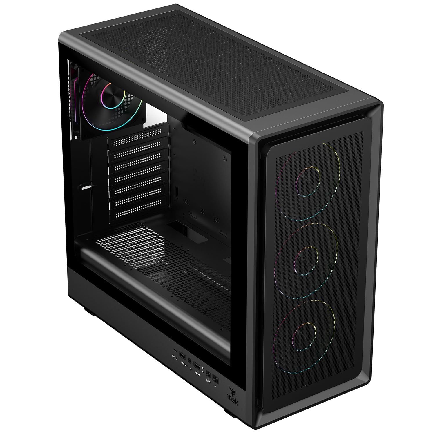 Itek Case Gaming MESHCORE 36B – Tower ATX con 4 Ventole ARGB 12 cm incluse, USB-C, 2x USB 3.0 e Pannello Laterale in Vetro Temperato