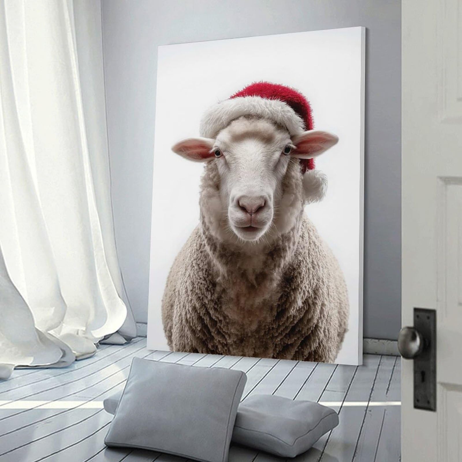 Junmoney Canvas Wall Art Sheep Wearing Santa Hat, 08x12inch(20x30cm), for Living Room, Lounge Or Sitting Room, Canvas Styling for A Polished Room Look