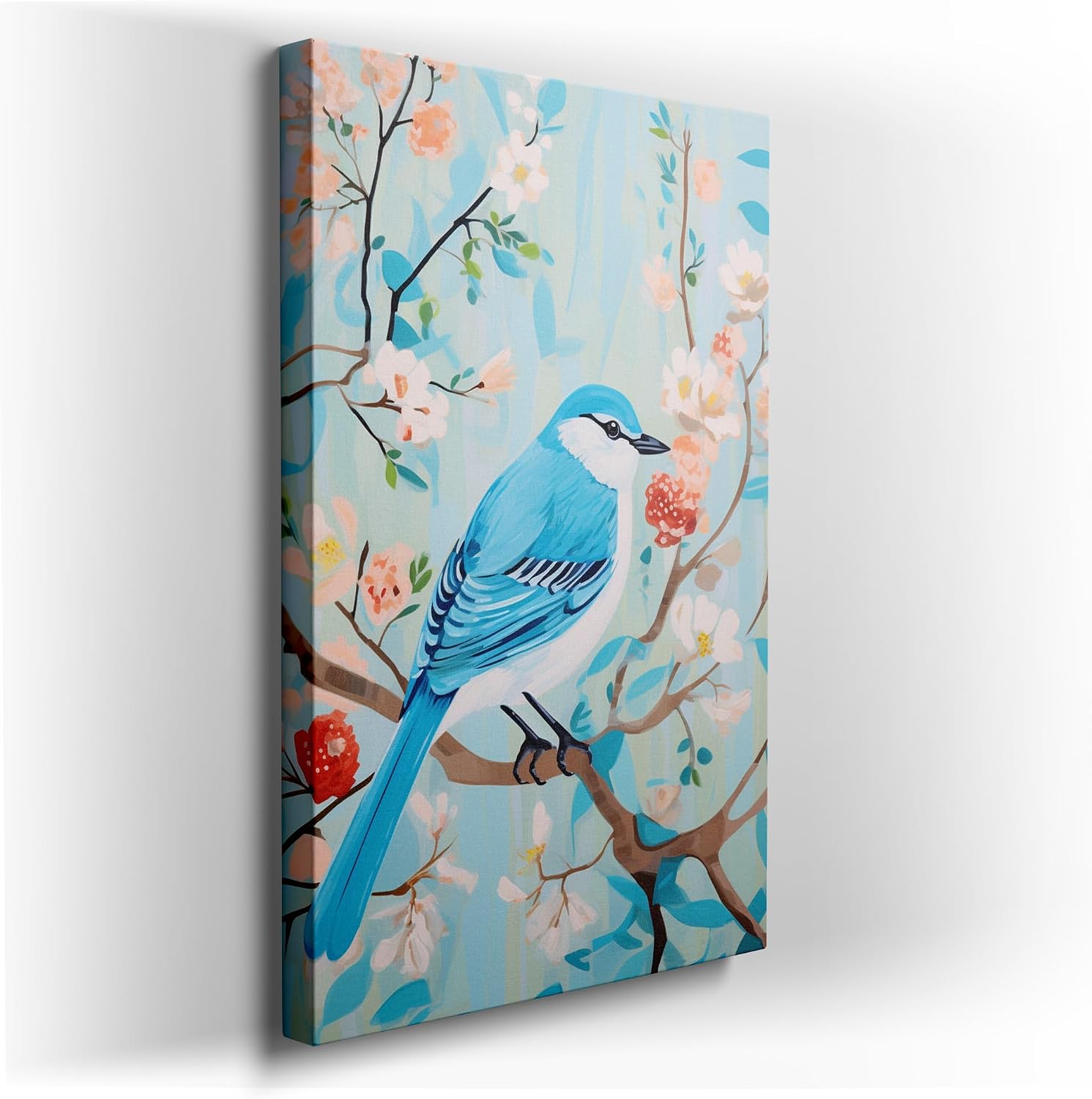 Canvas for Living room. Perching in Serenity: A Harmonious Vision of Bird and Blossoms, 27 x 18 inch Canvas Wall Art - Contemporary Masterpieces - Nature Home Decor - 69x46 cm (27x18 inch)