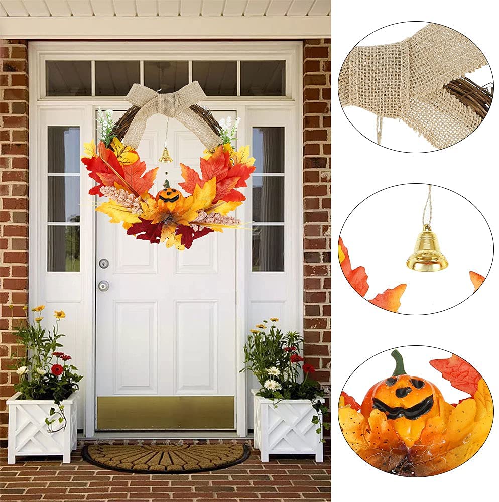 Decoración de otoño, 35 cm Calabaza Baya Hoja de Arce Puerta de otoño Guirnalda de Pared Adorno Guirnalda Día de Acción de Gracias de Halloween Decoraciones de Ventana de otoño con una Campana