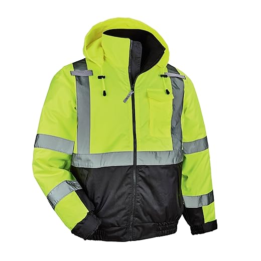 unisex adult High Visibility Reflective Winter Jacket, Insulation Ergodyne GloWear 8377 Type R Class 3 Lime Quilted Bomber Jacket, Lime, Large US