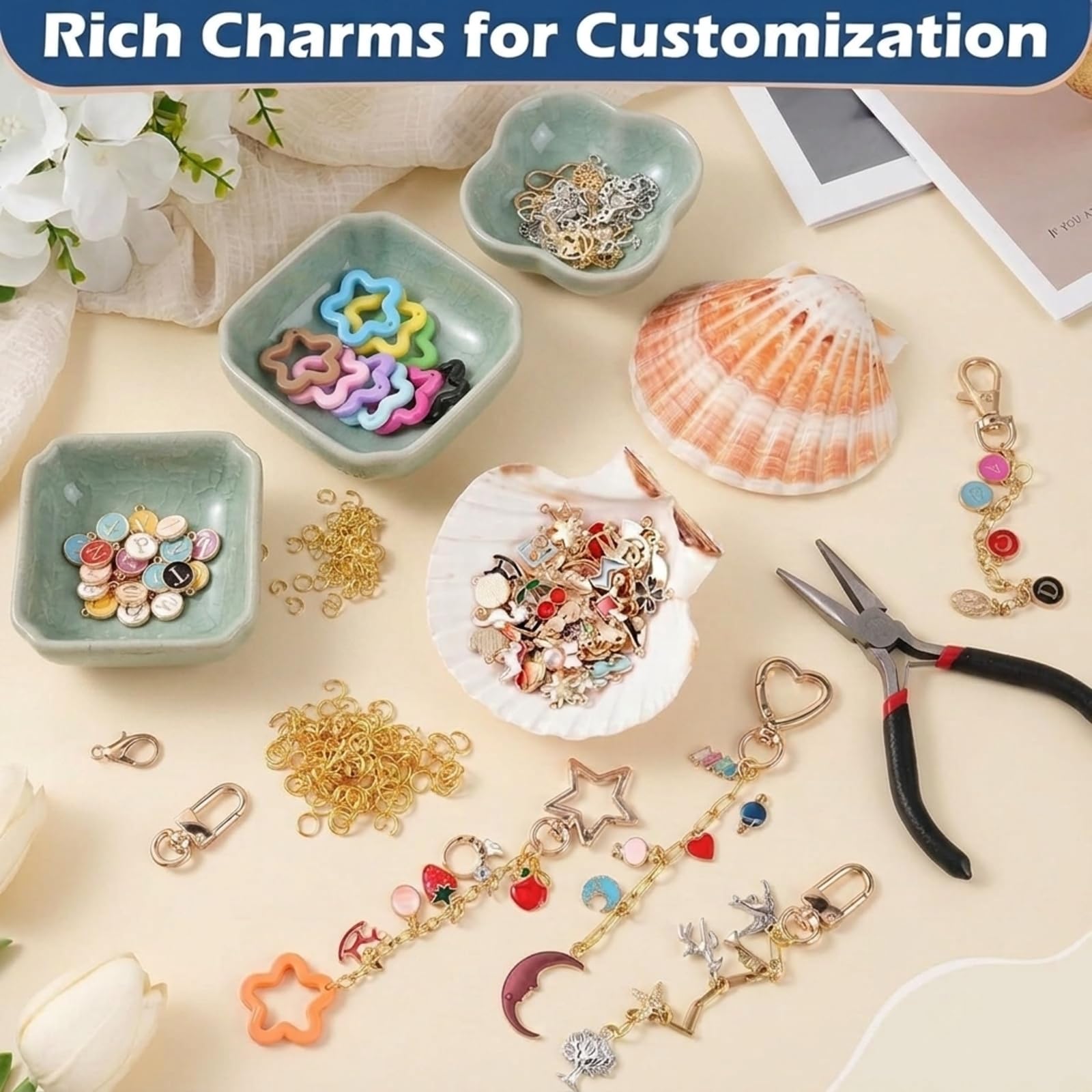 Tarqite 428 Stück Schlüsselanhänger Bastelset, Schlüsselanhänger Selber Machen, Charms Anhänger Set, DIY Keychain Set für Taschenanhänger, Schlüsselanhänger und Geschenke
