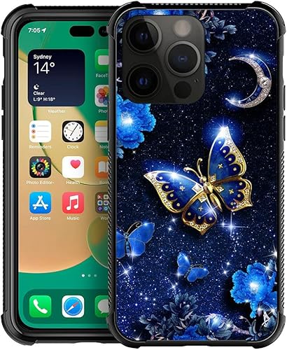 Funda compatible con iPhone 14 Pro, fundas para mujeres y niñas, cielo azul, flor, luna y mariposa