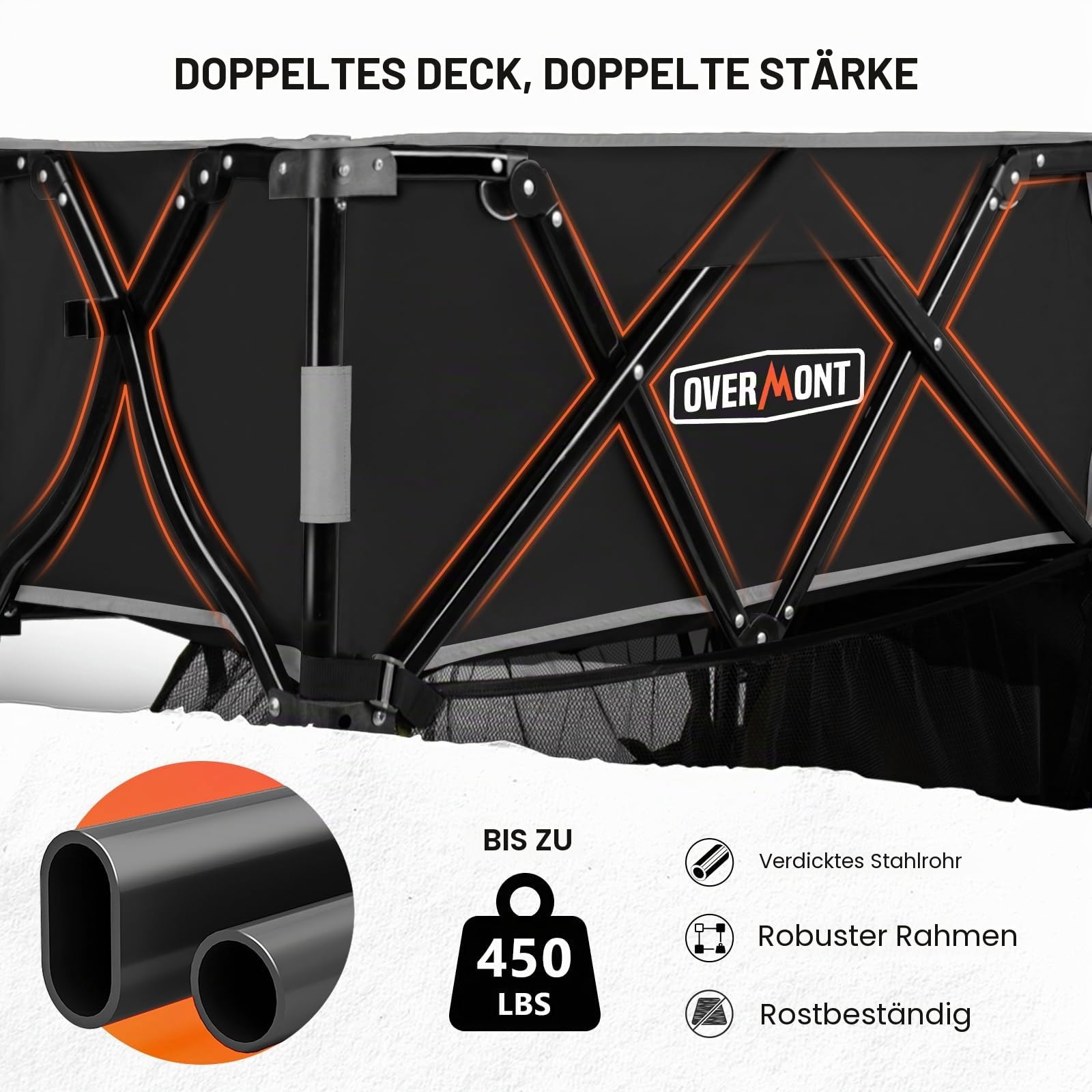 Overmont Doppeldecker Bollerwagen Faltbar 400I - Klappbar mit Geländegängige Breite Räder - 132cm extra Lange Verlängerung - bis 200kg Tragkraft - für Camping Sport Einkaufen Garten Strand Schwarz