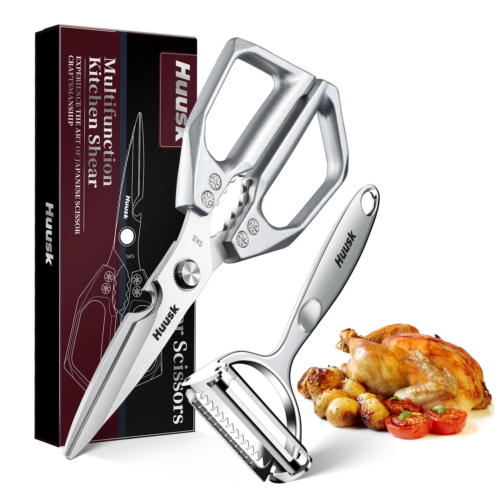 HUUSK Kitchen Shears & Peeler Set | Stainless Steel Multifunctional Kitchen Shears & Peeler | Minimalist Design, Dishwasher Safe, Perfect for Cooking & Camping : Home & Kitchen