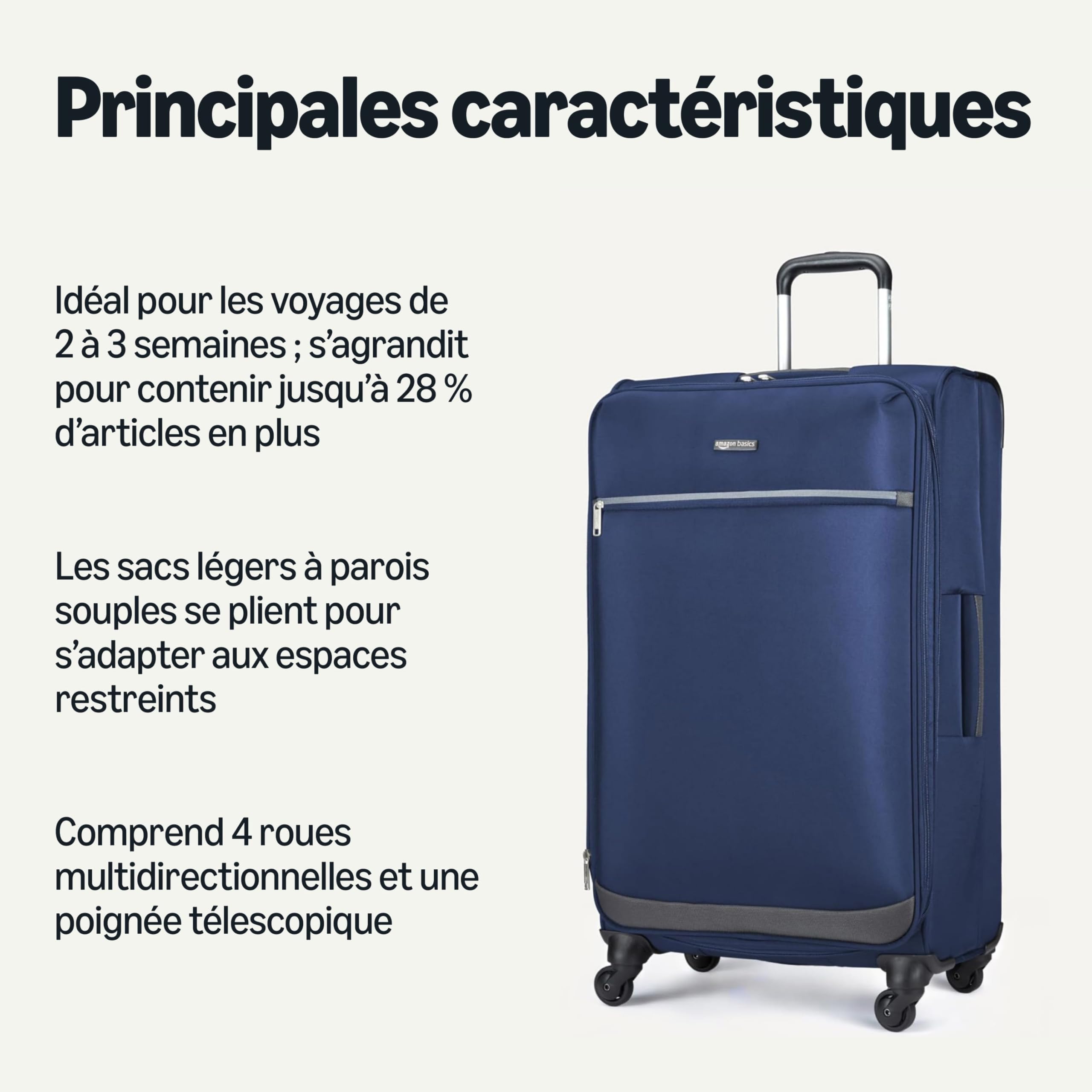 Amazon Basics Grande Valise Souple (76 cm), Avec 4 Roues Pivotantes Multidirectionnelles 360°, Extensible, Poche Zippée et Sangles, Poignée Télescopique, Bleu Marine