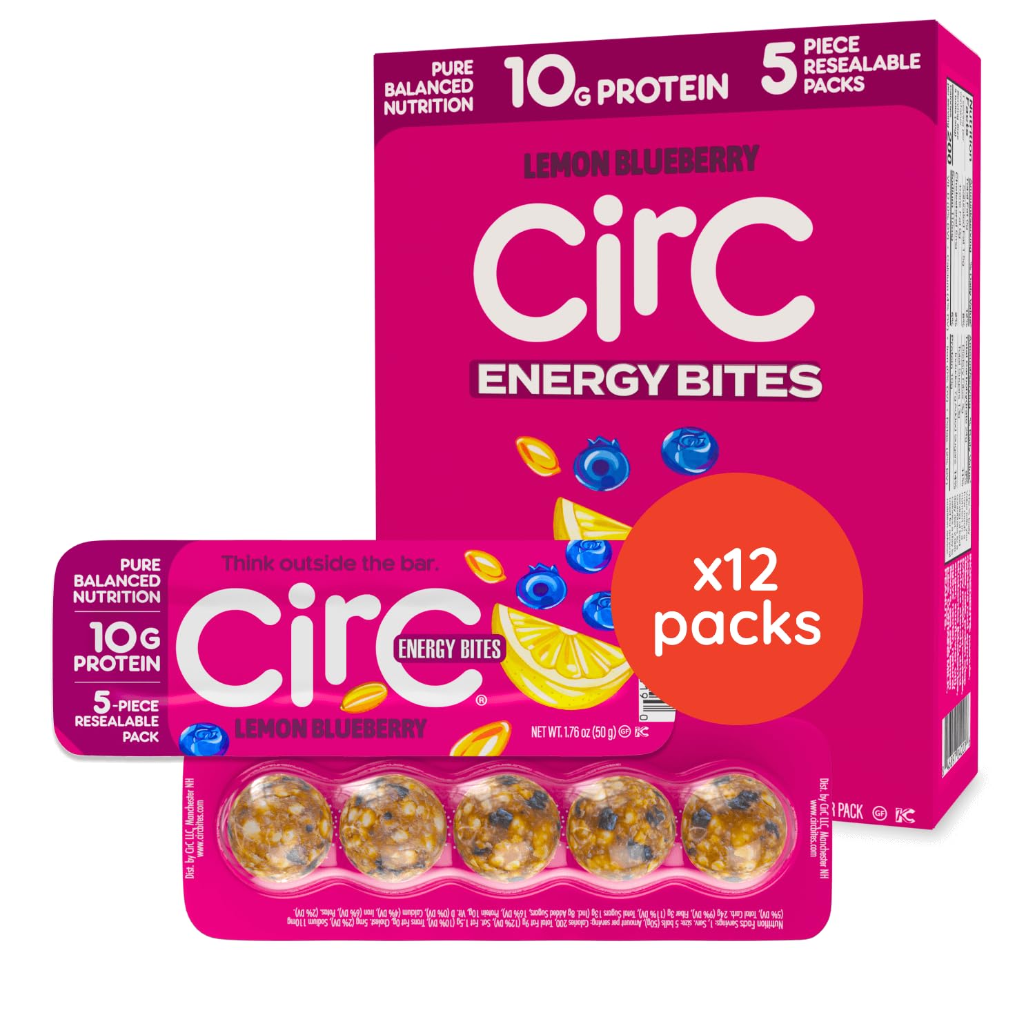 CirC Energy Bites - 12 Pack Lemon Blueberry Gluten Free Protein Balls - 10g Protein, Whole Grains, Nuts & Fruit - Portable Healthy Snacks for Adults &