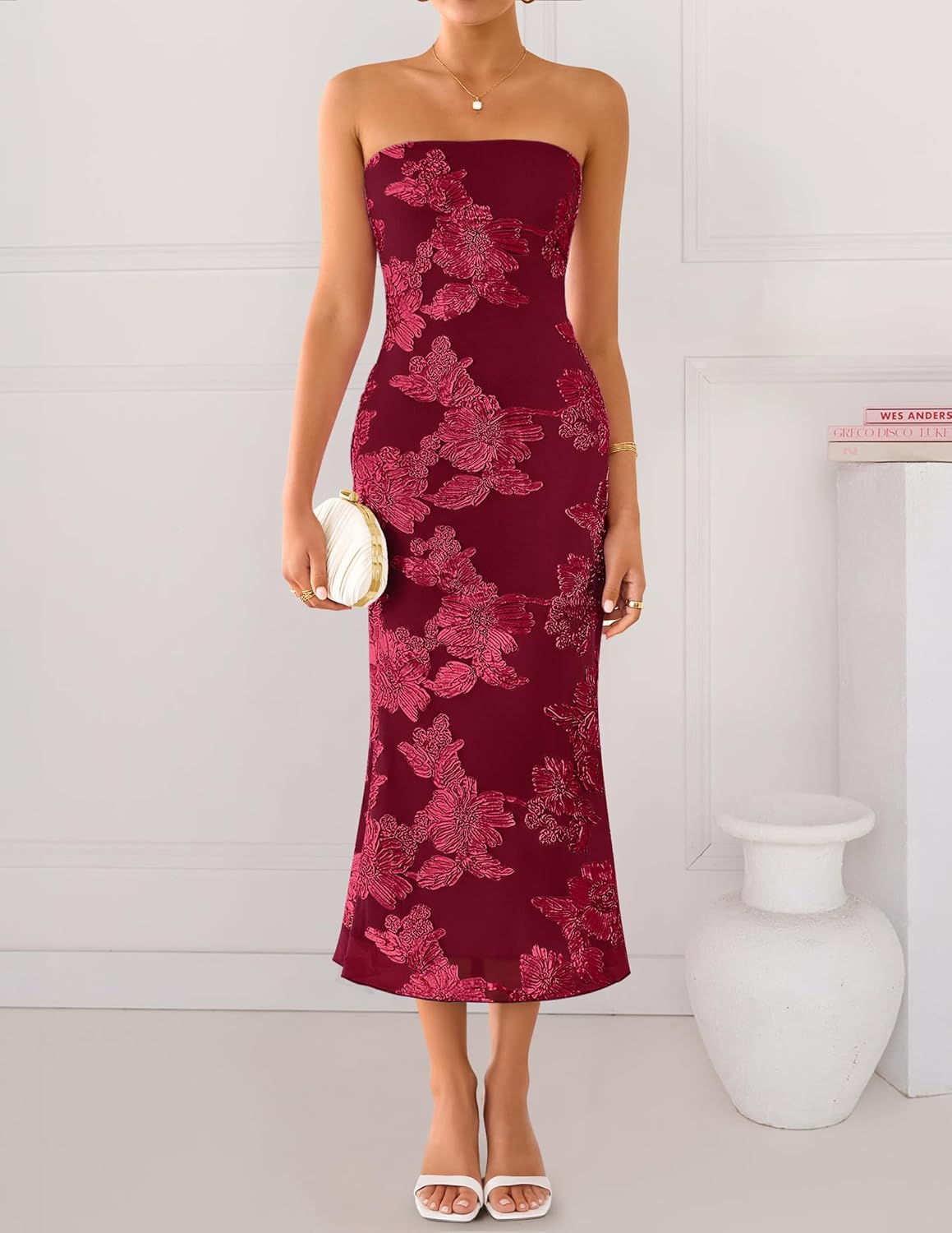 ZESICA Women's Summer Strapless Floral Midi Dress 2026 Bodycon Mesh Tube Wedding Guest Cocktail Party Formal Dresses - Image 5