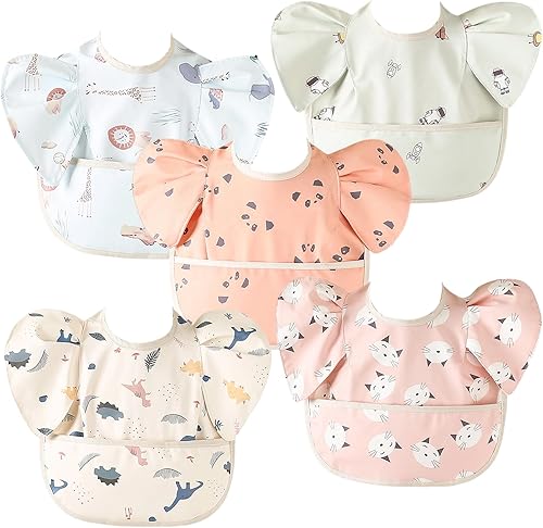 5 Pack Baby Feeding Bibs with Waterproof Food Catcher - Adjustable, Wipeable & Mess Proof for 0-5 Years