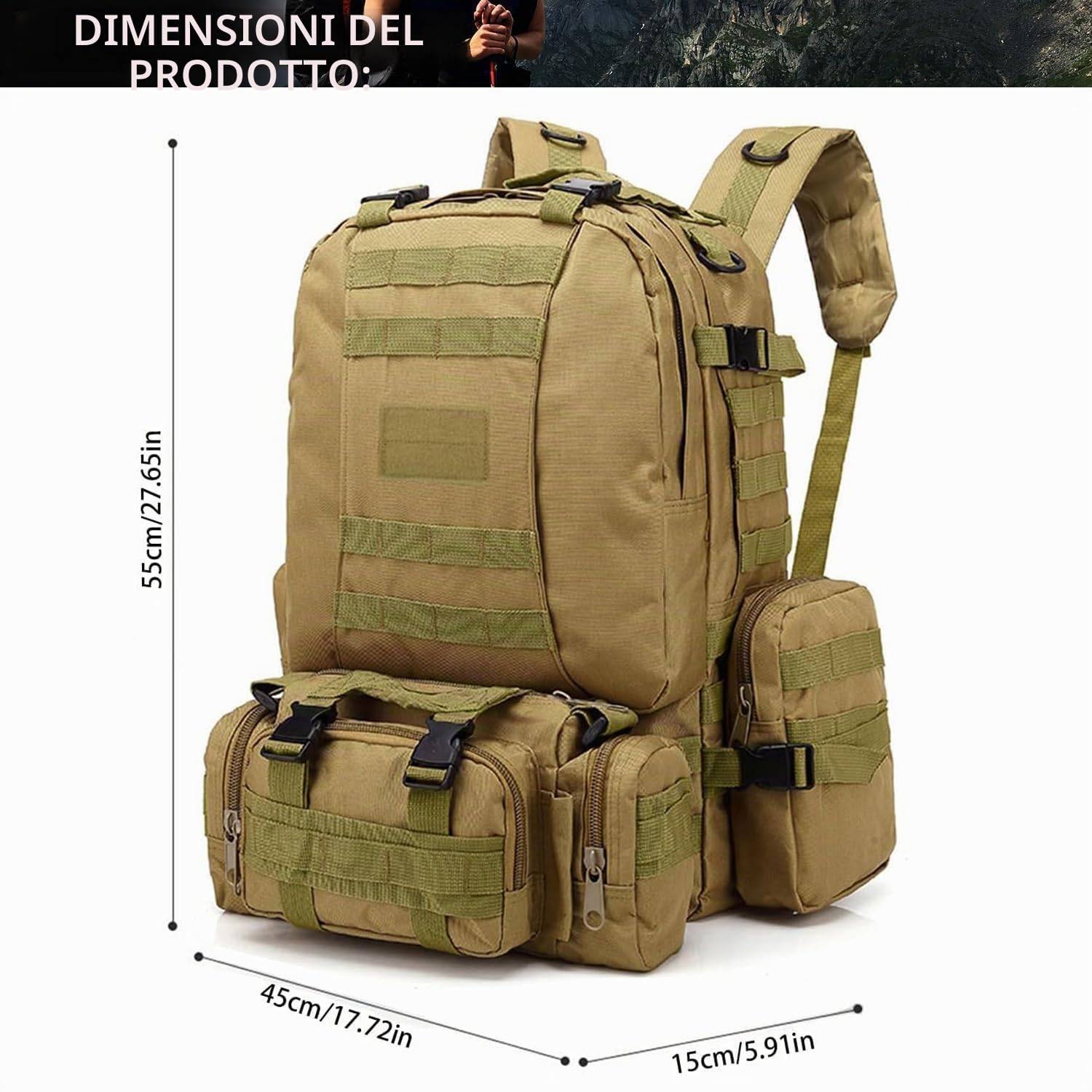 aiGear 55L Zaino Tattico Militare Grande Capacità Impermeabile Kaki | Militare Zaino, Borsone da Viaggio per Uomo/Donna, per Sport all'aperto Trekking Escursioni Pesca Palestra Camping