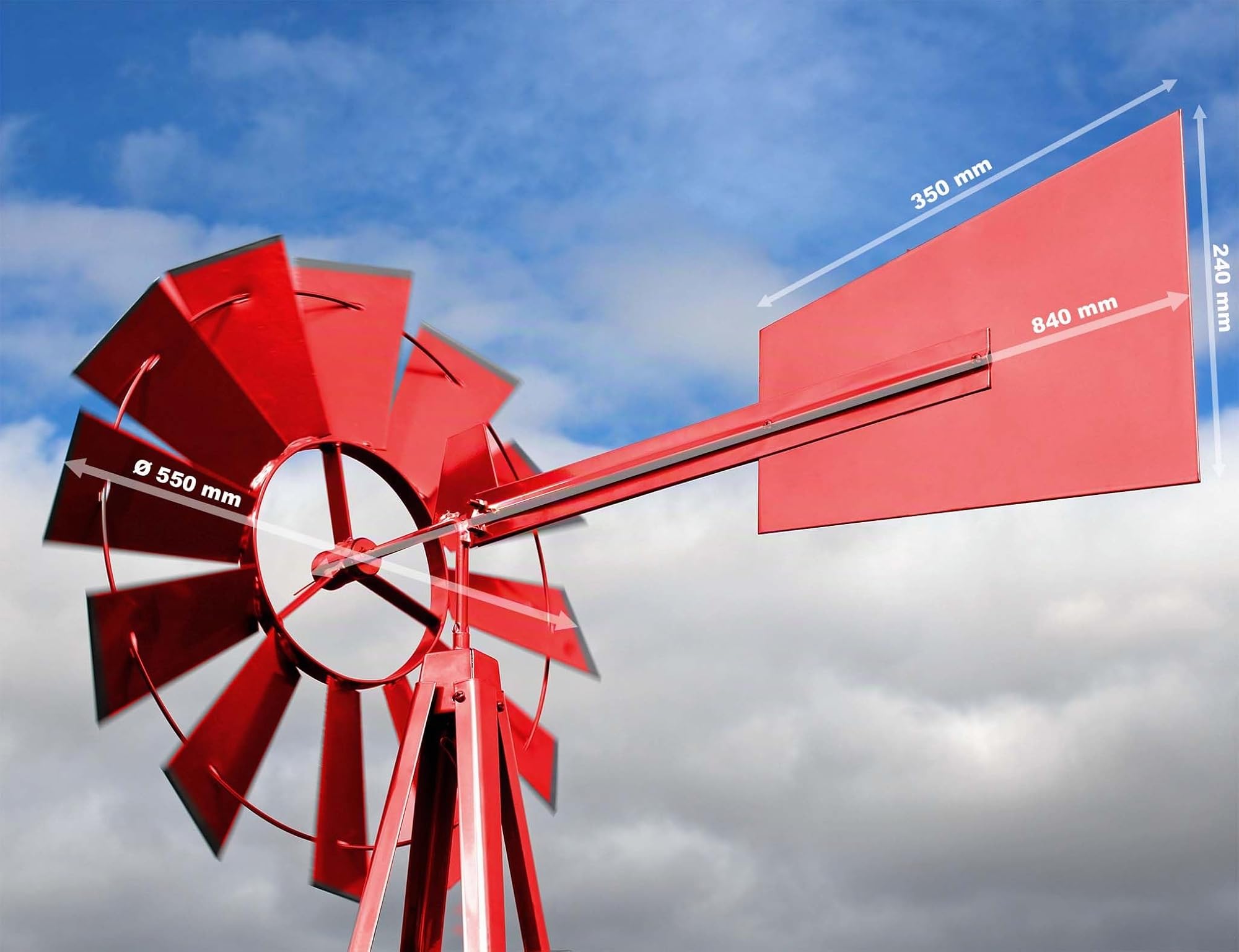 Wiltec Éolienne de Jardin Design US – 670 x 670 x 2450 mm – Couleur Rouge – Moulin avec Roulement à Bille – Girouette Roue Texas décorative déco
