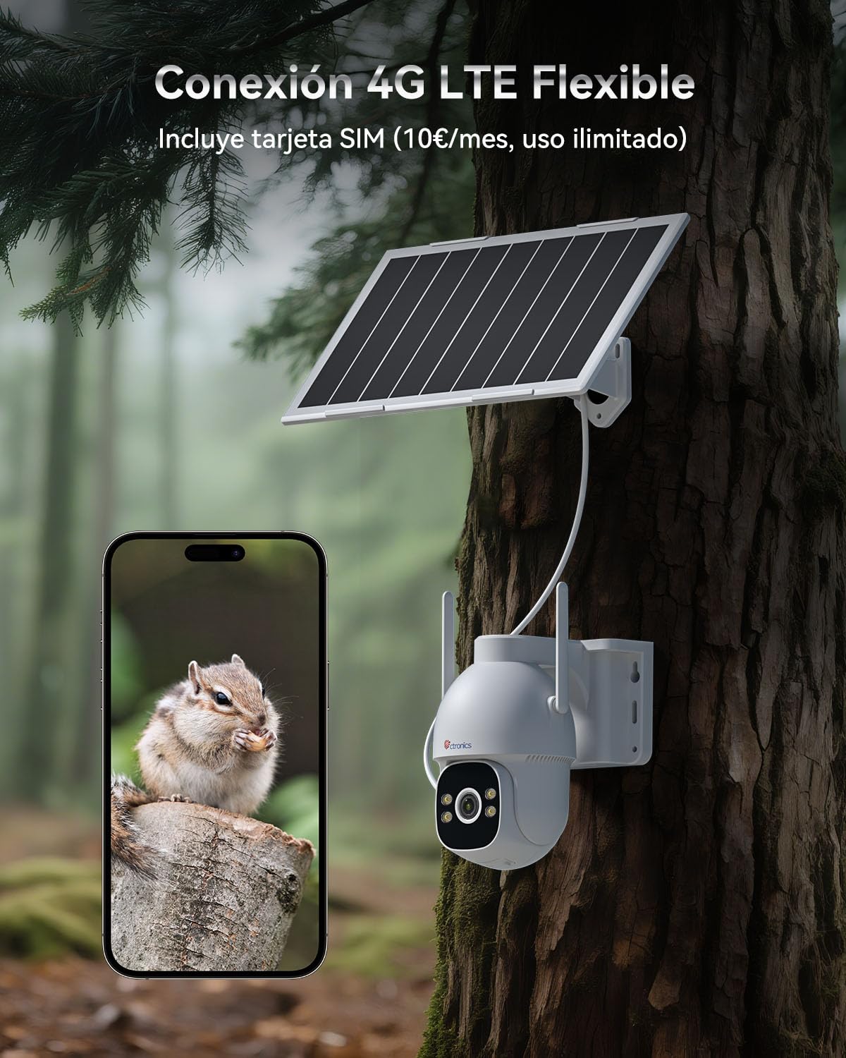 Ctronics Camara Vigilancia AOV Grabación 24/7, Camara Solar 4G con Panel | Solar de 8W y Batería de 15600 mAh, Detección de Personas Hasta 30 m y Seguimiento Automático, Cámara PTZ con Tarjeta SIM