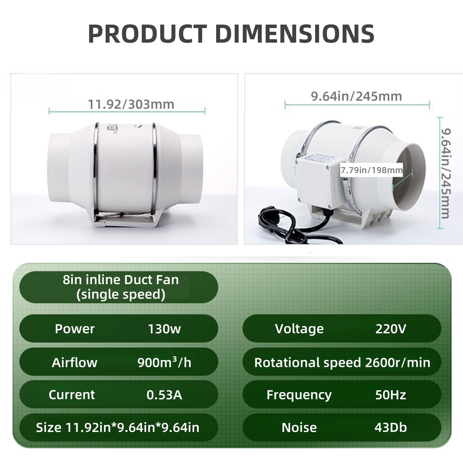 Extractor de Aire IPX4 Resistente al Agua con Refuerzo circulación for Tienda de Cultivo sótano y baño de 3 4 5 8 10 y 12 Pulgadas(8in)
