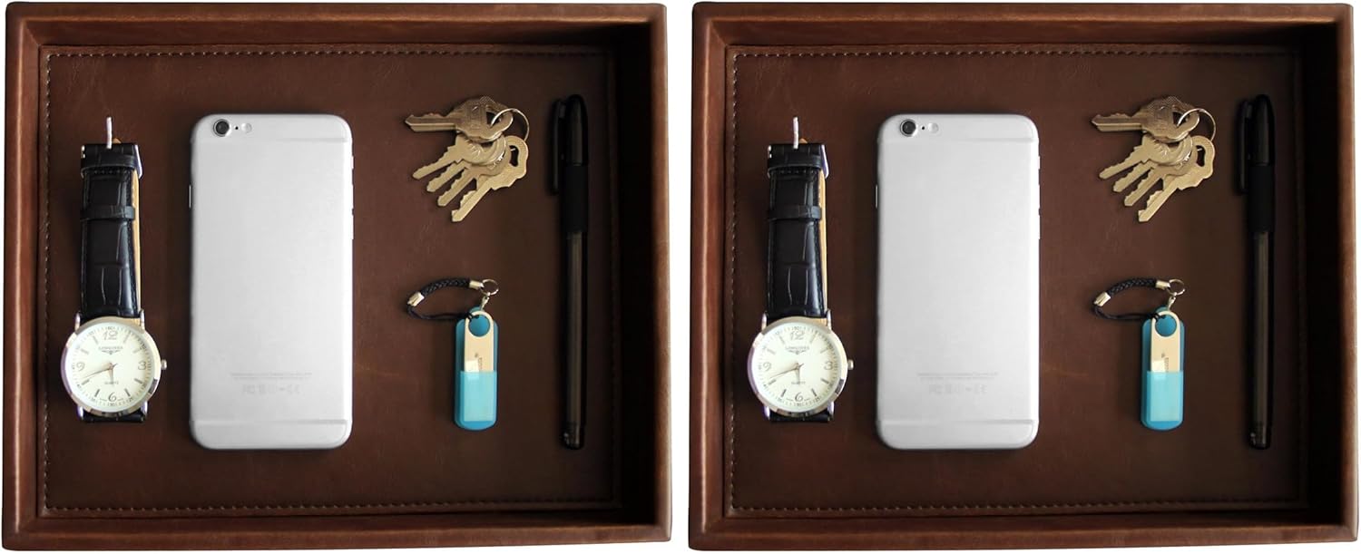 HofferRuffer Decorative Vanity Tray, Desktop Storage Organizer, Catchall Tray, Valet Tray, Nightstand or Dresser Organizer, PU Faux Leather Bathroom Tray, Brown, 10.2 x 8.4 x 1.8 inches (Pack of 2)