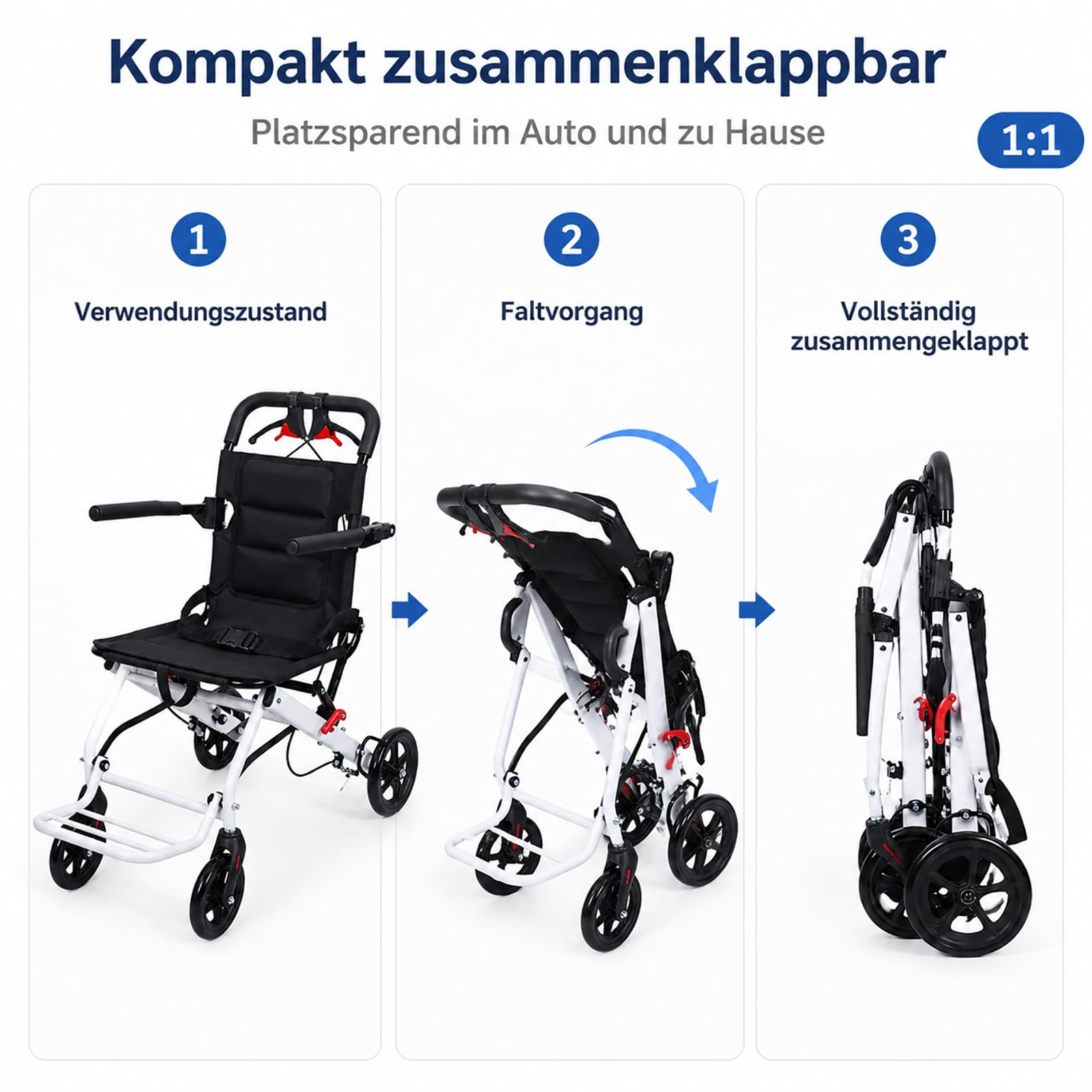 Leichtgewicht Rollstuhl Faltbar | Nur 8,2 kg, kompakt faltbar für Reisen und Alltag. Mit Sicherheitsgurt, PU Rädern und stabilem Carbonstahlrahmen.