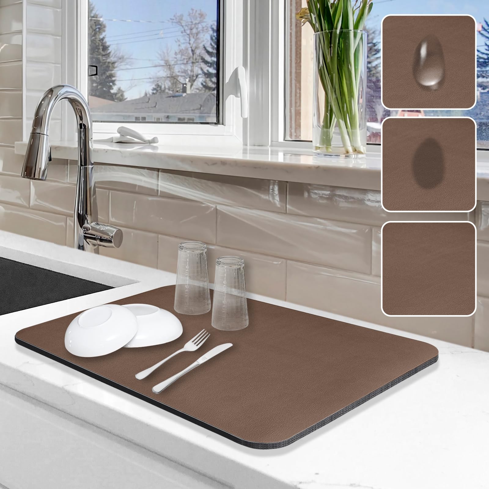 Dish Drying Mat for Kitchen Counter, 12"x19" Pad with Rubber Backed (Brown)