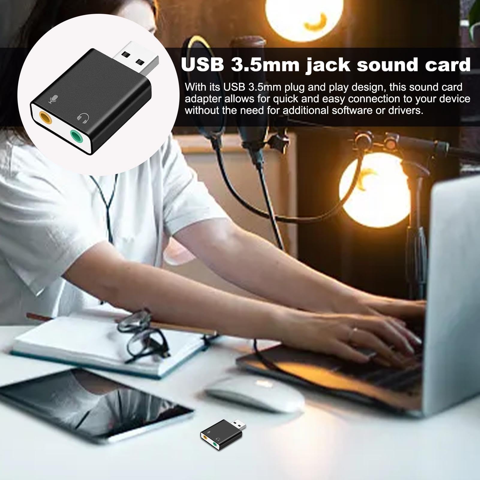 Adaptador de tarjeta de sonido USB: convertidor de audio de 3,5 mm, interfaz de sonido externo sin controlador, adaptador de audio de escritorio para computadora portátil, conector para micrófono para